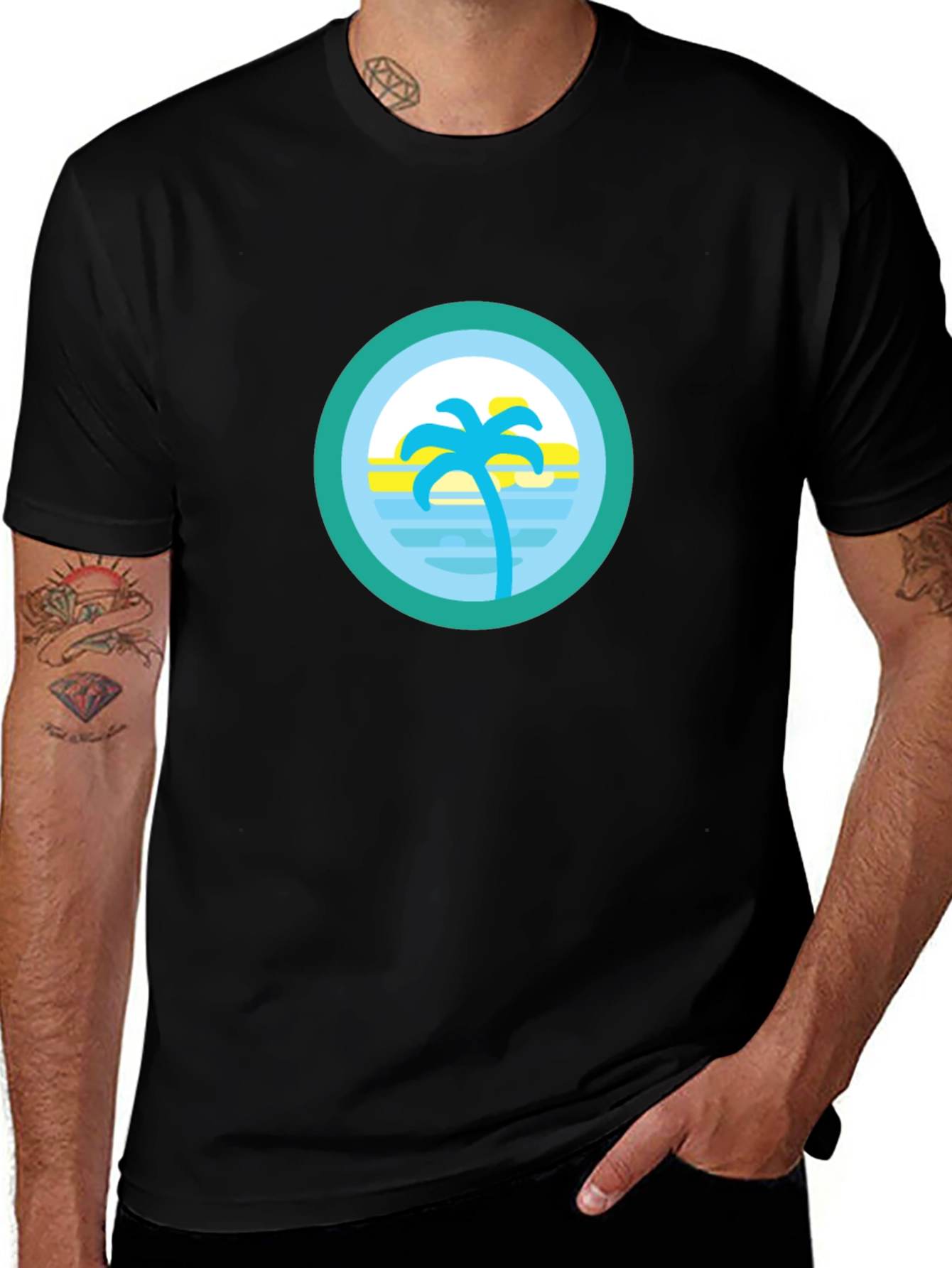 Tropical Palm Tree Circle Graphic Tee - Black