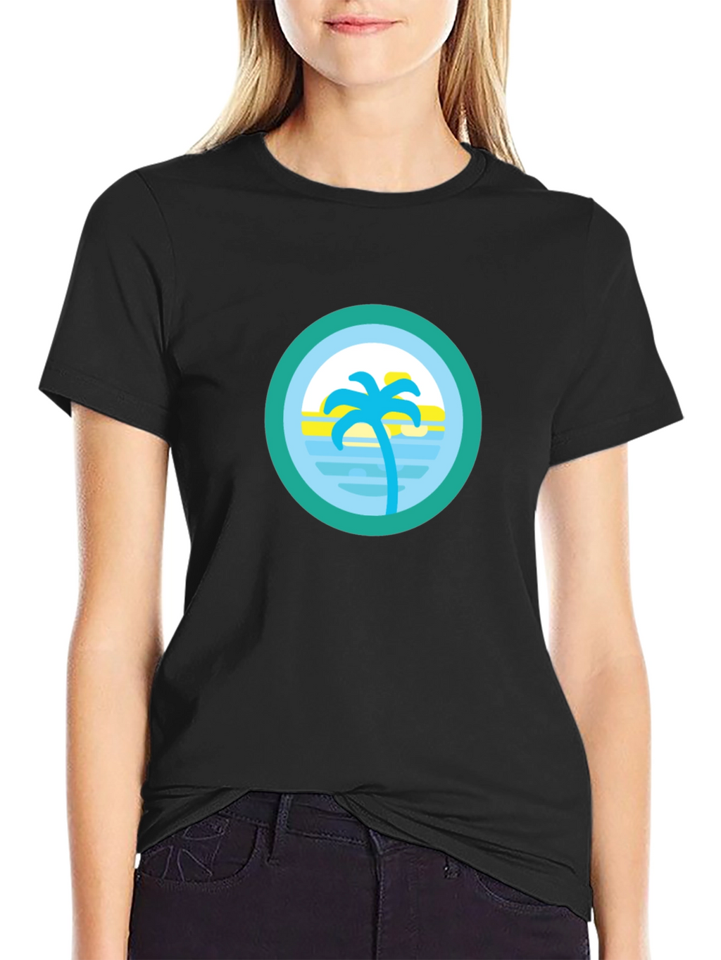 Tropical Palm Tree Circle Graphic Tee - Black