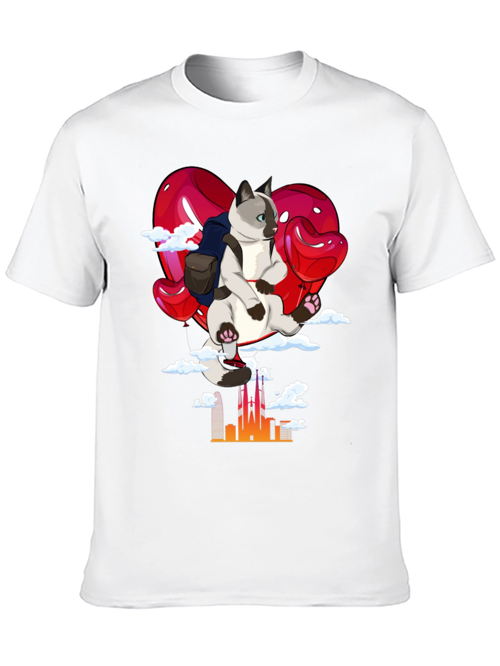 Cat Travel T-Shirt: Siamese on Balloon Adventure