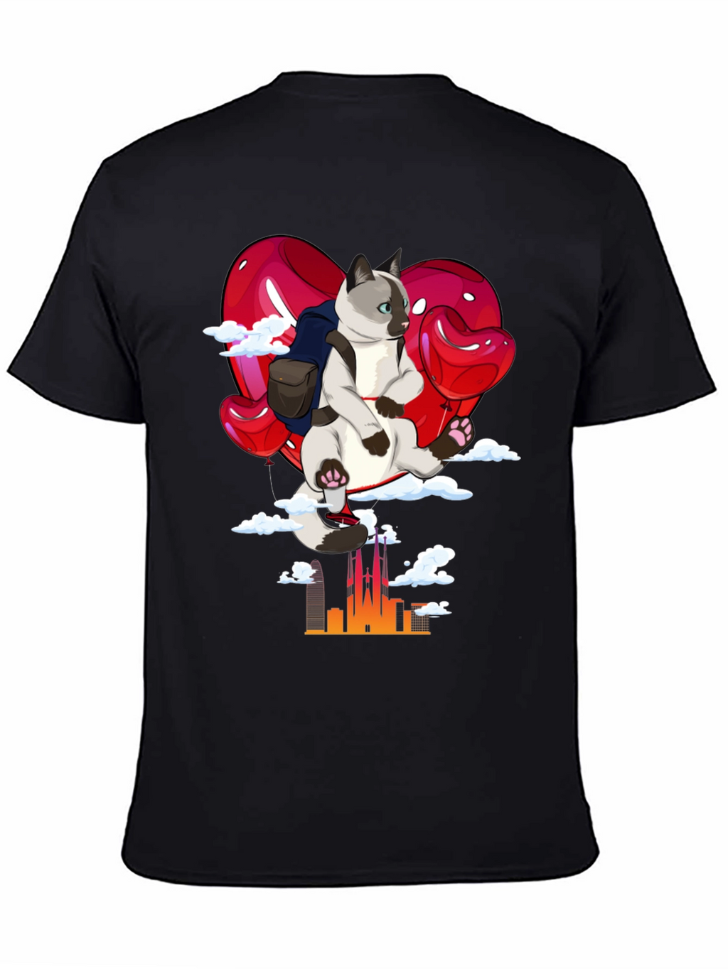 Cat Travel T-Shirt: Siamese on Balloon Adventure
