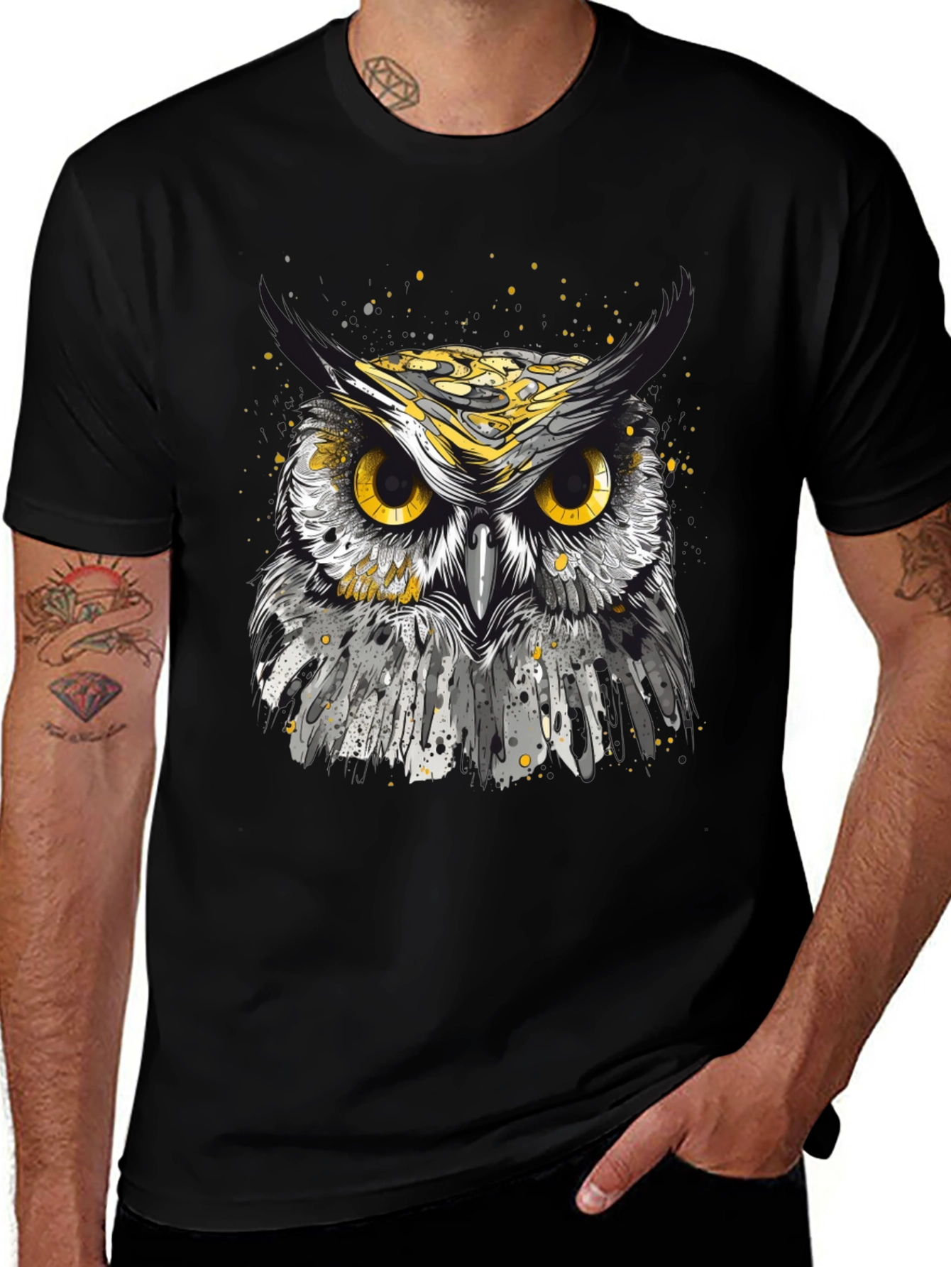 Owl Graphic T-Shirt - Black Cotton Tee for Men