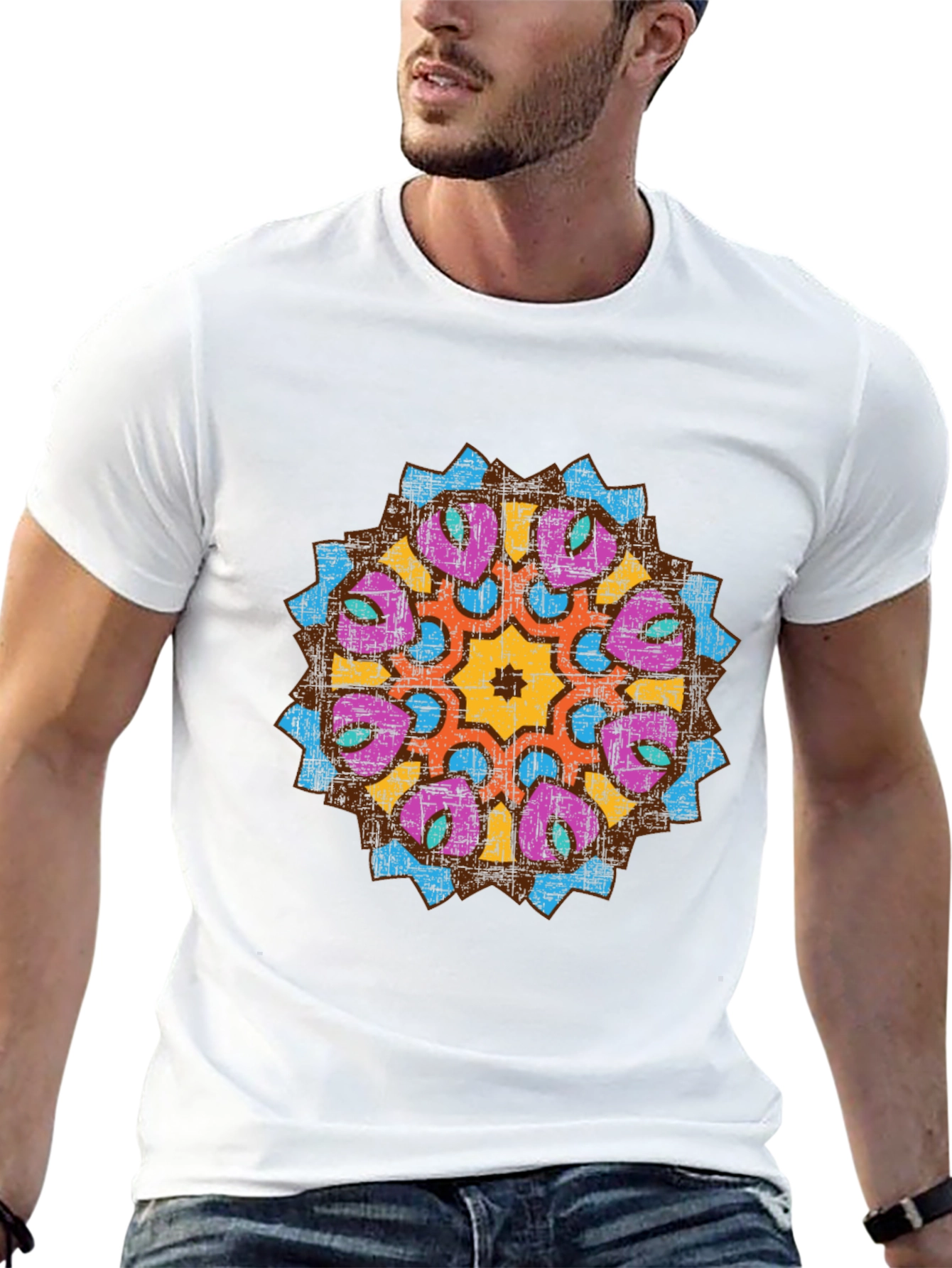 Mens Black Graphic Tee with Mandala Design