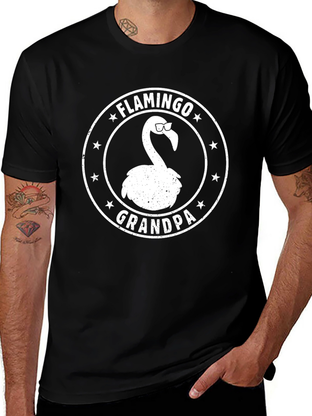 Flamingo Grandpa Graphic Tee - Black Cotton T-Shirt