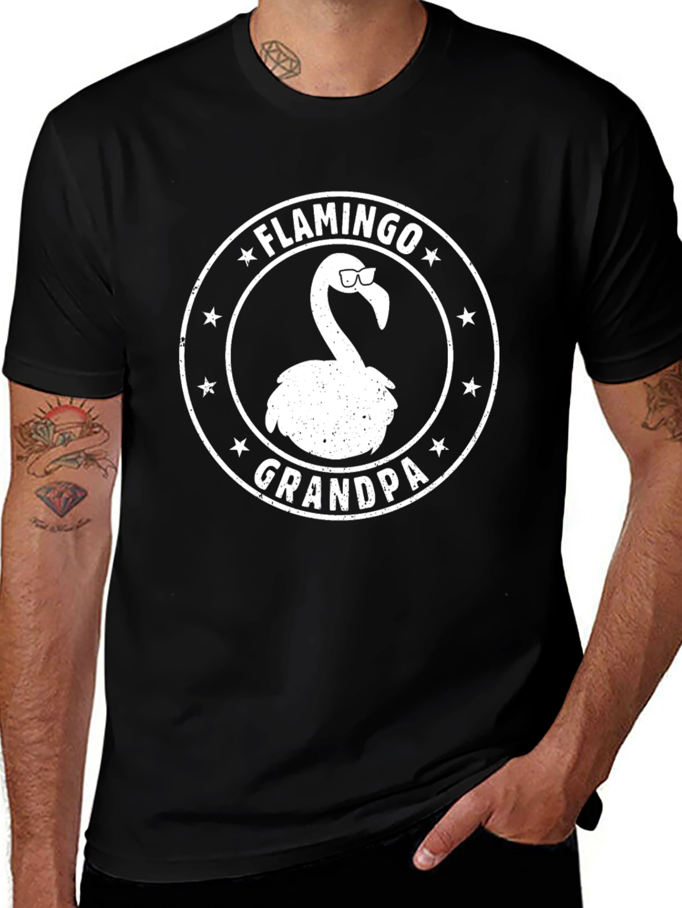 Flamingo Grandpa Graphic Tee - Black Cotton T-Shirt