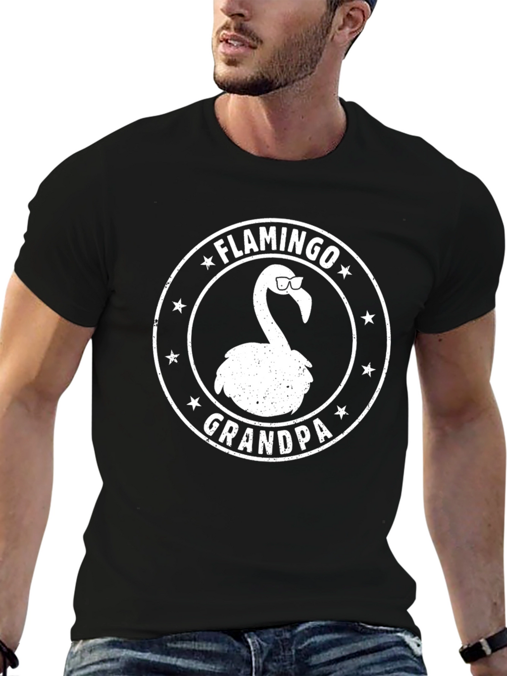 Flamingo Grandpa Graphic Tee - Black Cotton T-Shirt