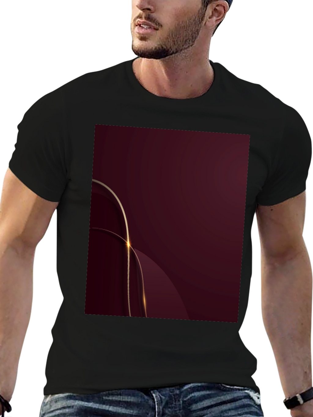 Stylish Black Tee with Abstract Burgundy & Gold Design