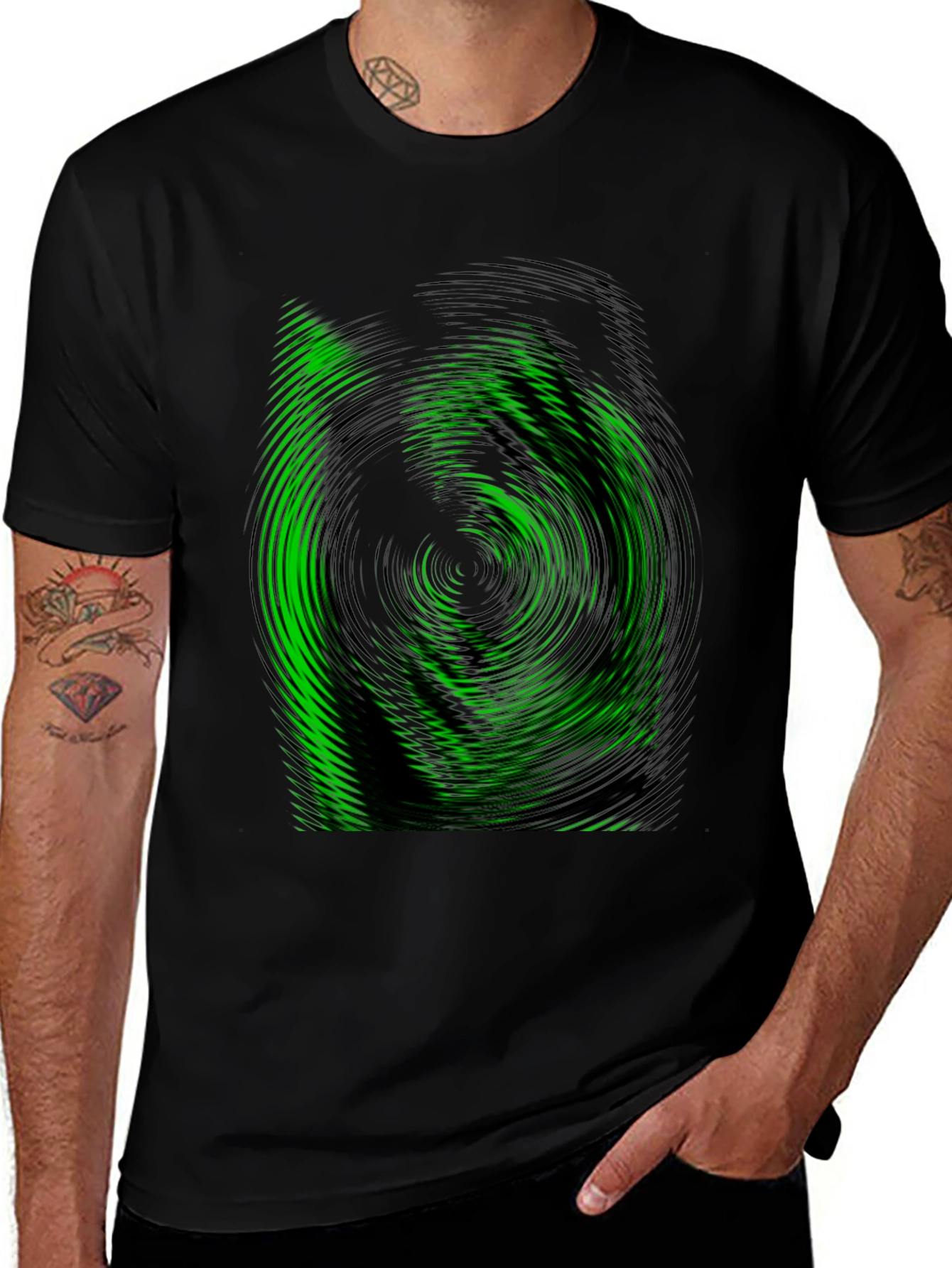 Green Vortex Graphic Black T-Shirt