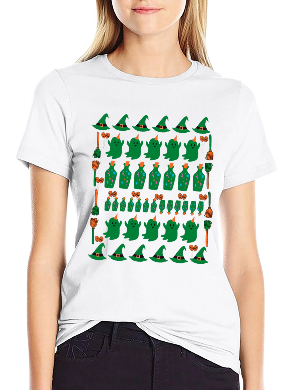 Halloween Pattern T-Shirt - Witch Ghost and Potion Design