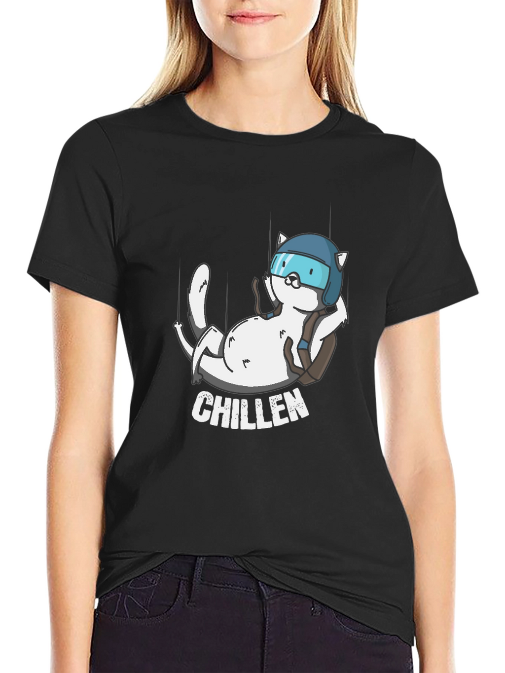Chillen Cat Skydiver Black T-Shirt