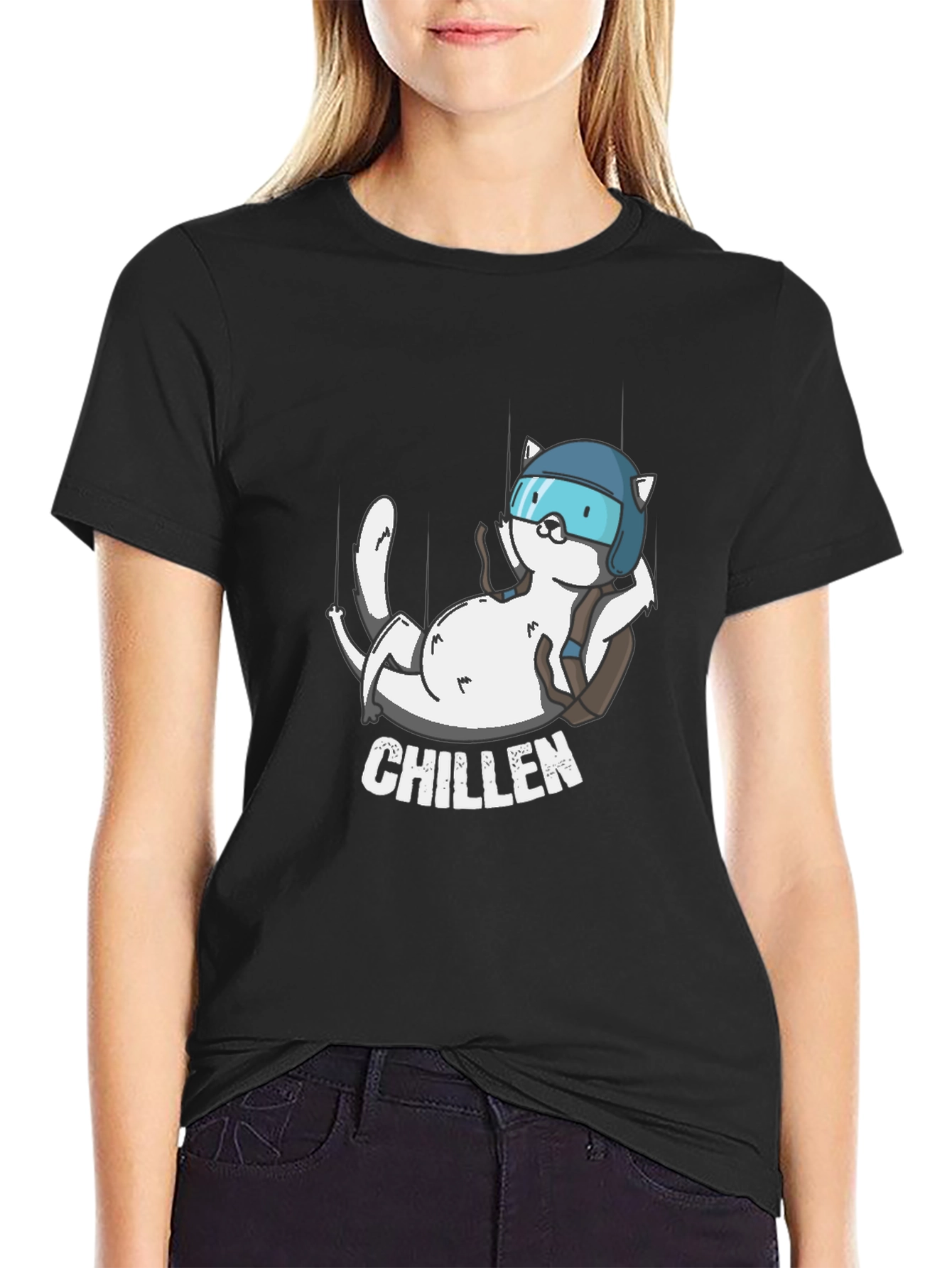 Chillen Cat Skydiver Black T-Shirt