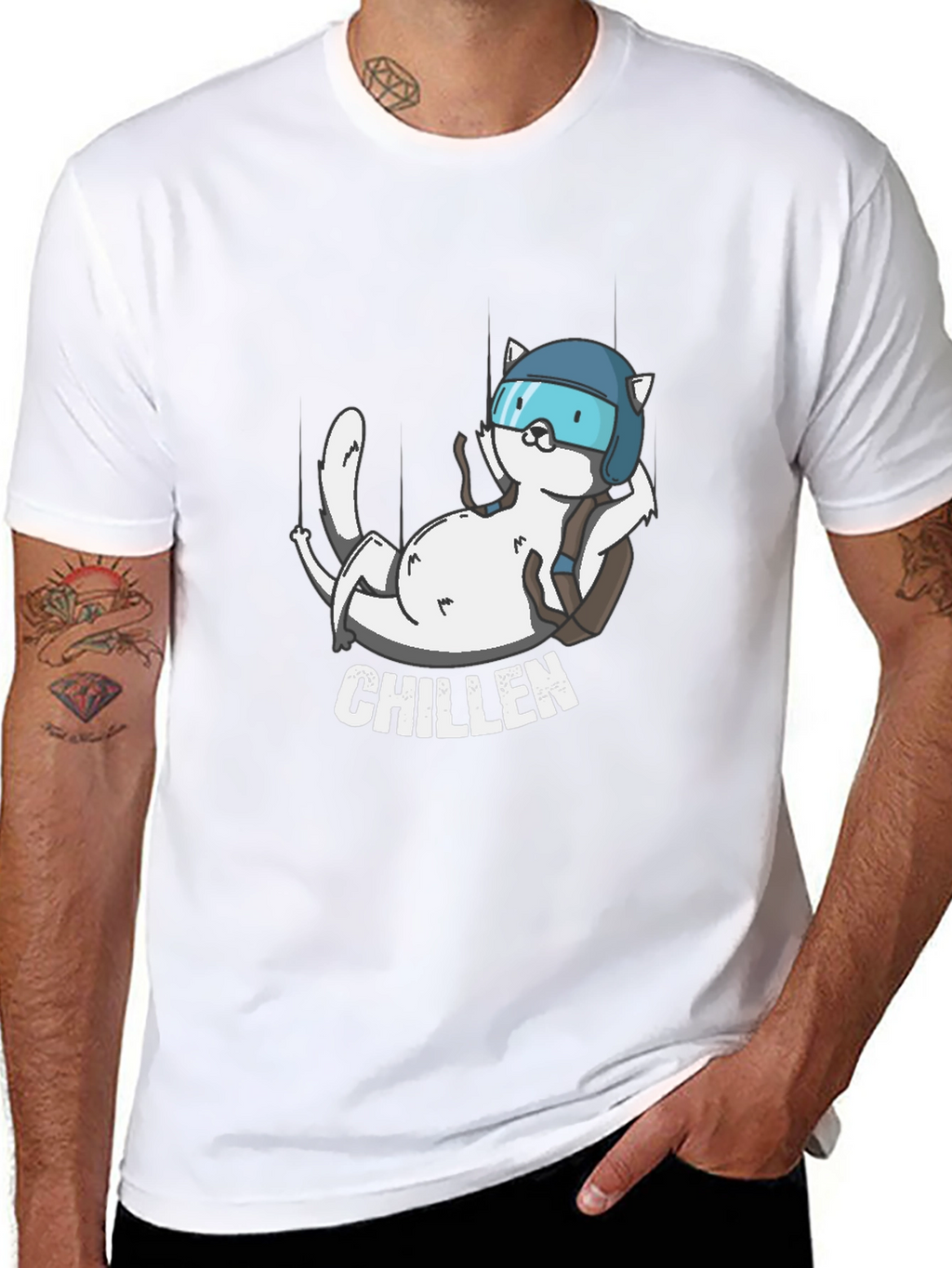 Chillen Cat Skydiver Black T-Shirt