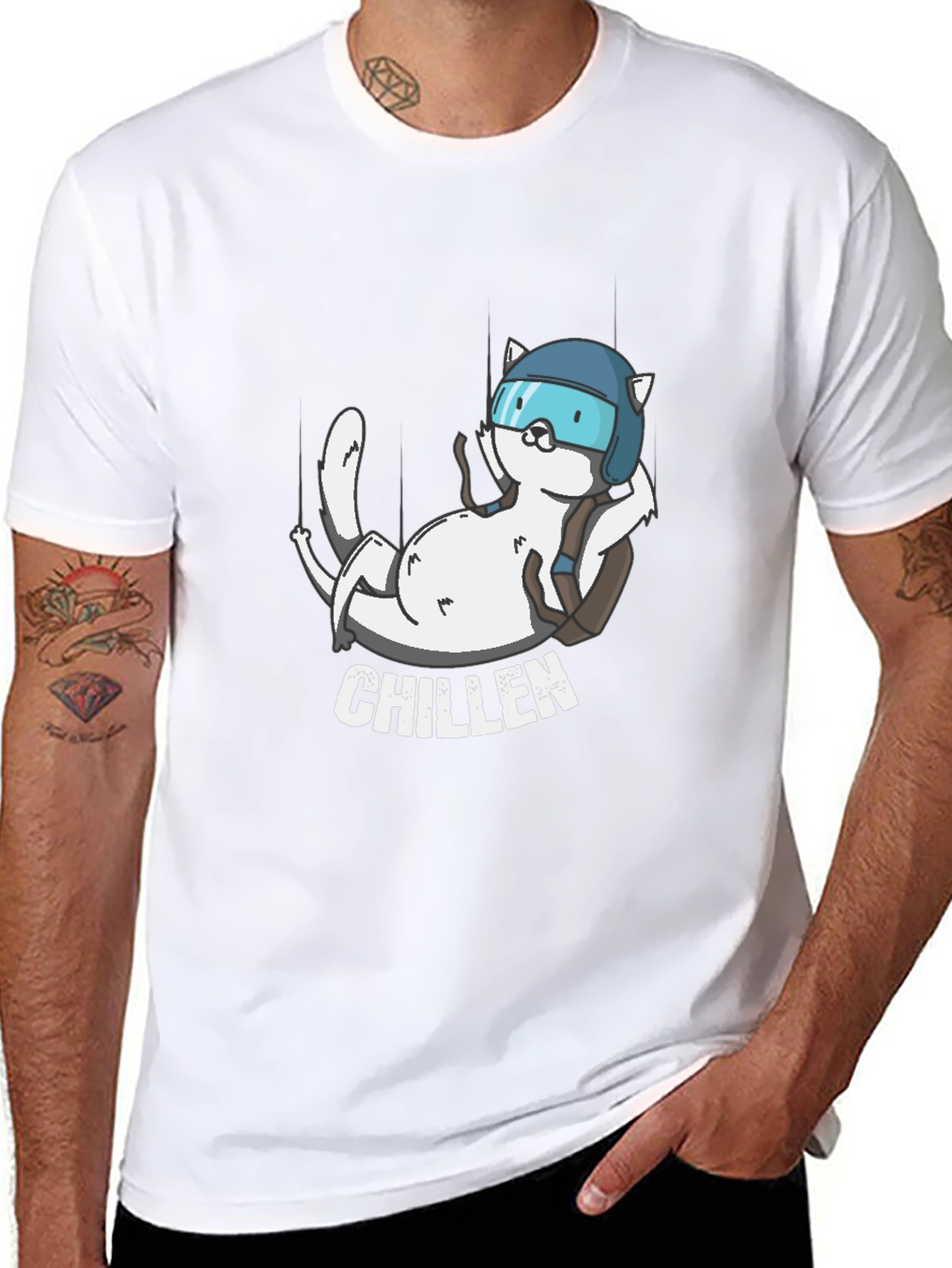 Chillen Cat Skydiver Black T-Shirt