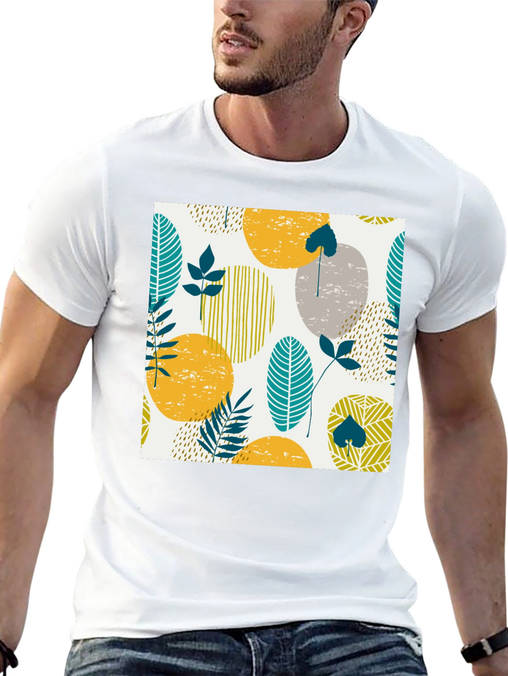 Modern Leaf Print Black T-Shirt