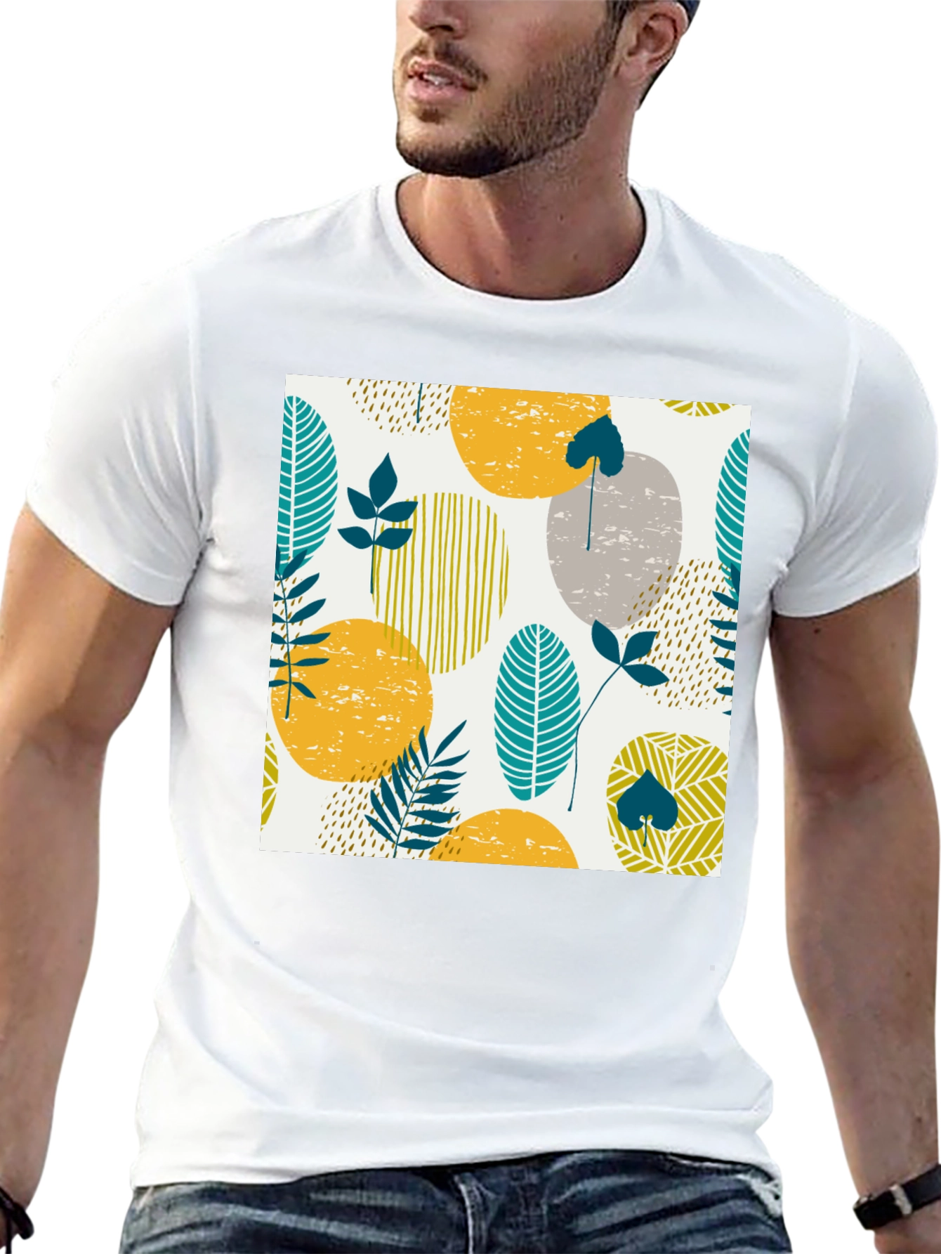 Modern Leaf Print Black T-Shirt