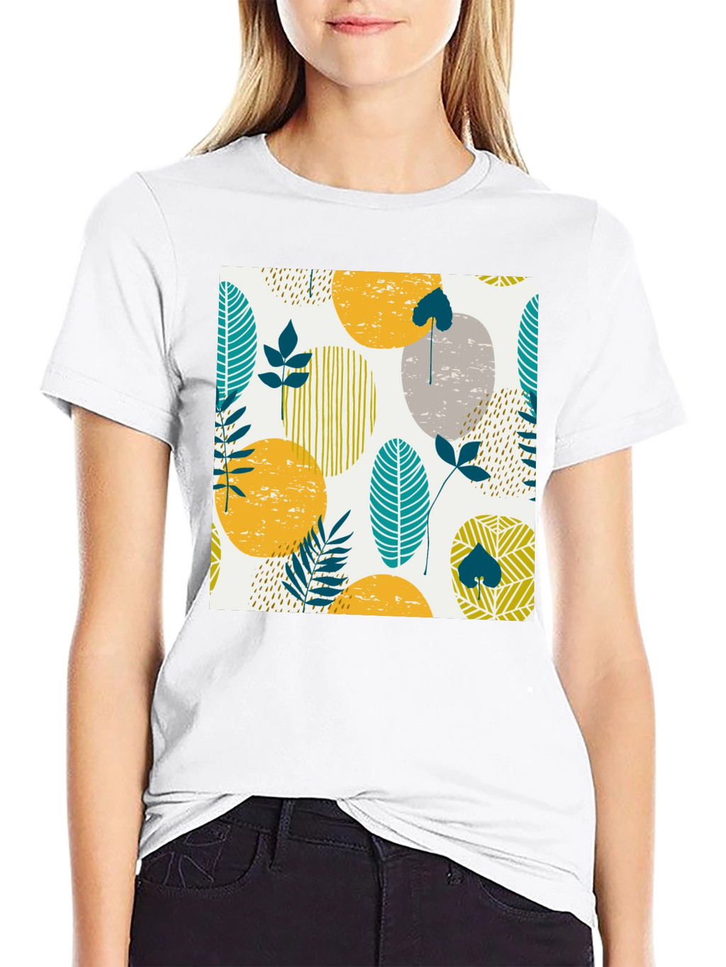 Modern Leaf Print Black T-Shirt