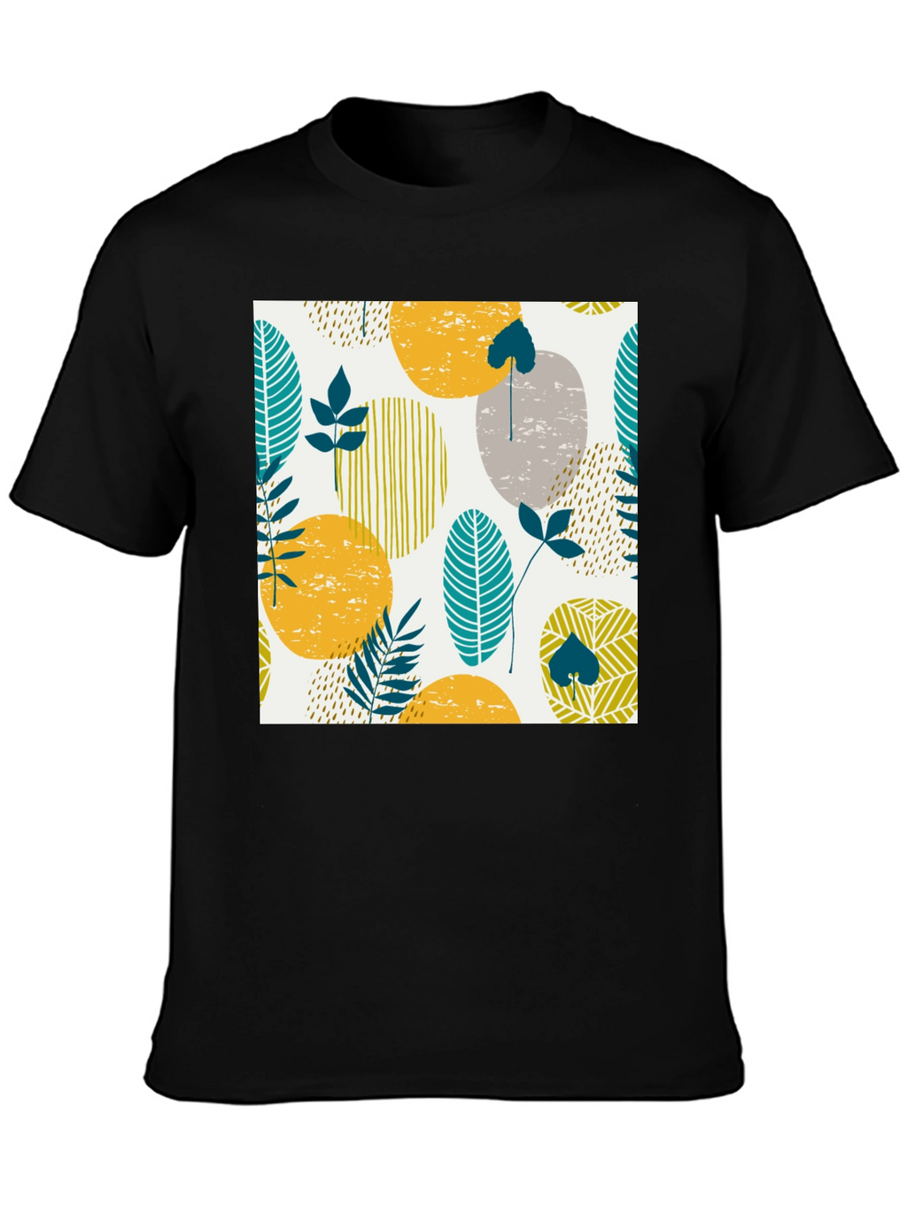 Modern Leaf Print Black T-Shirt