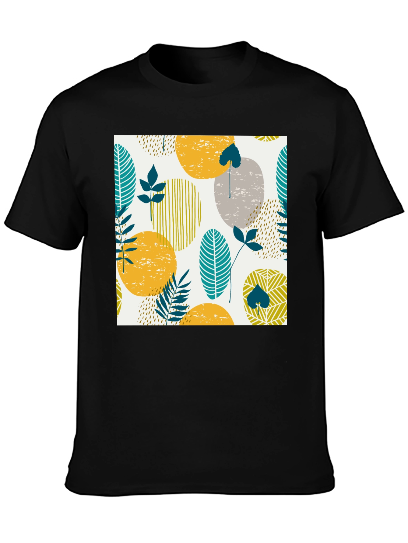 Modern Leaf Print Black T-Shirt