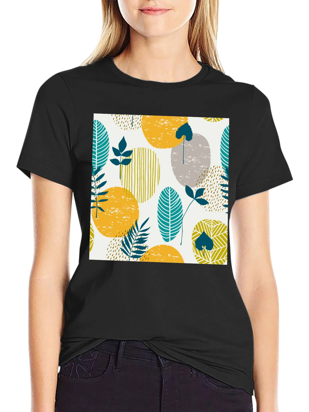 Modern Leaf Print Black T-Shirt