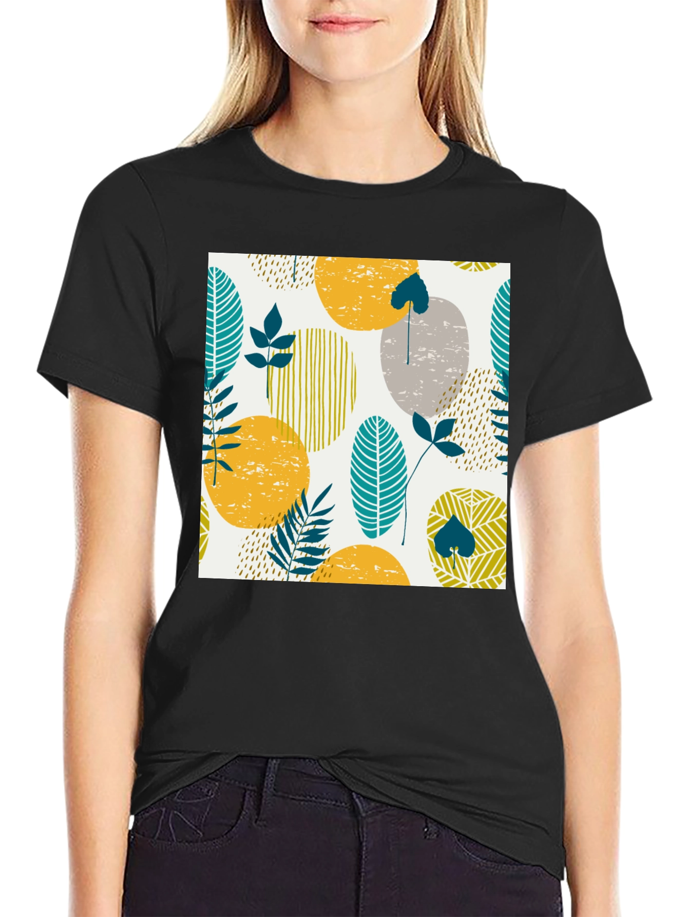 Modern Leaf Print Black T-Shirt