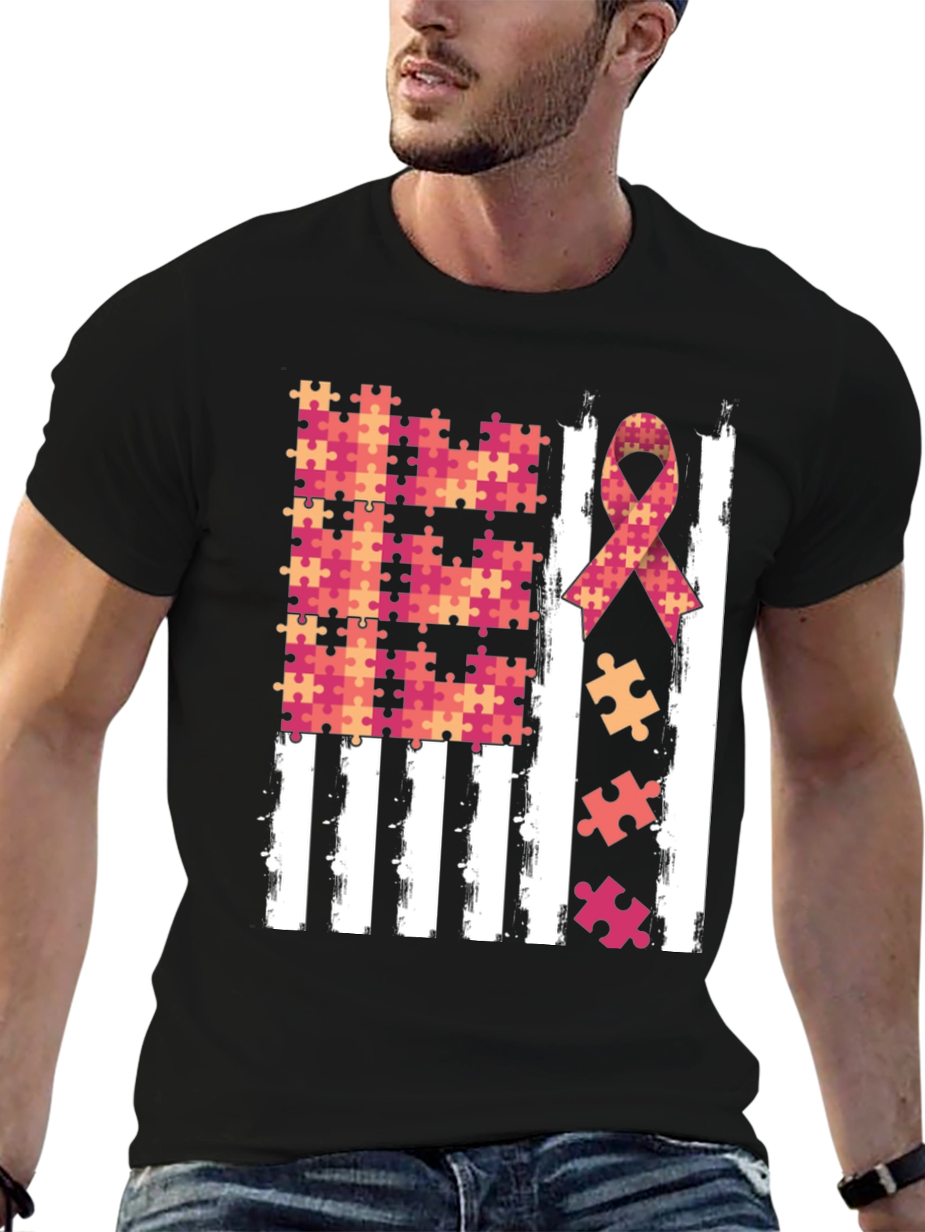 Autism Awareness Puzzle Ribbon USA Flag T-Shirt