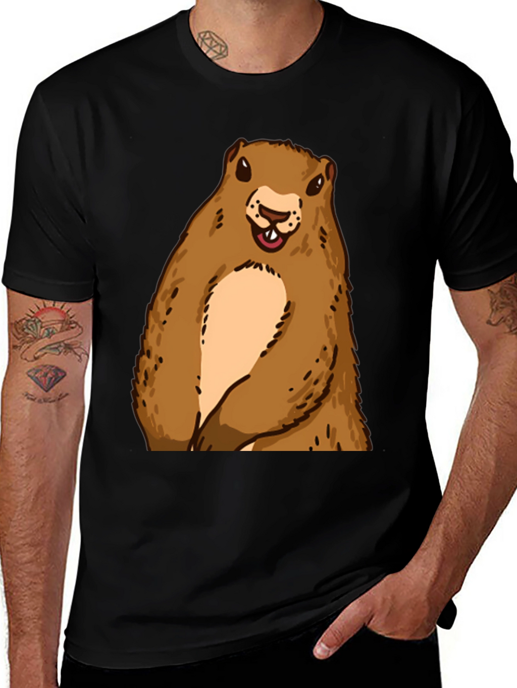 Groundhog Graphic Tee - Black Crew Neck T-Shirt