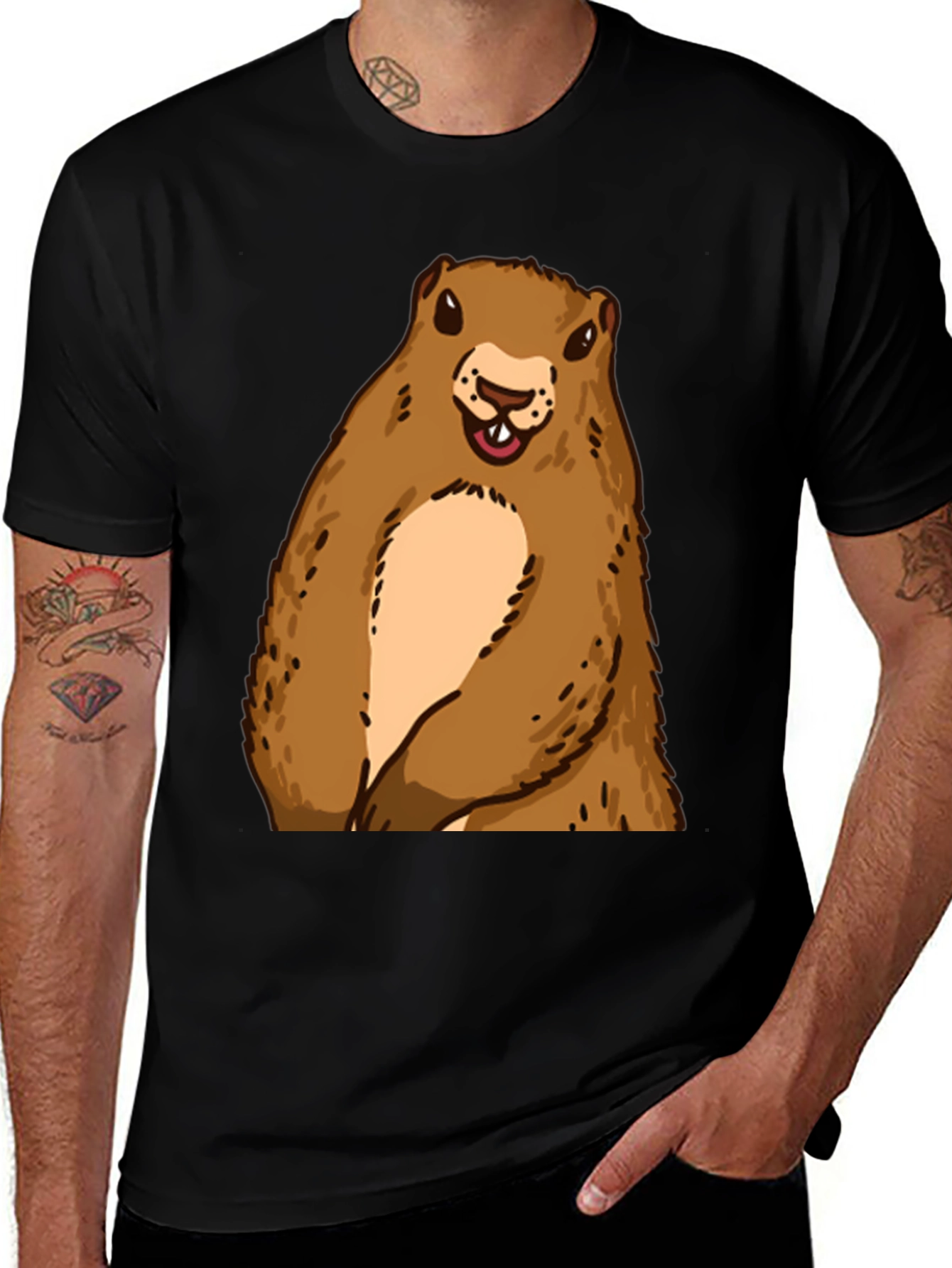 Groundhog Graphic Tee - Black Crew Neck T-Shirt