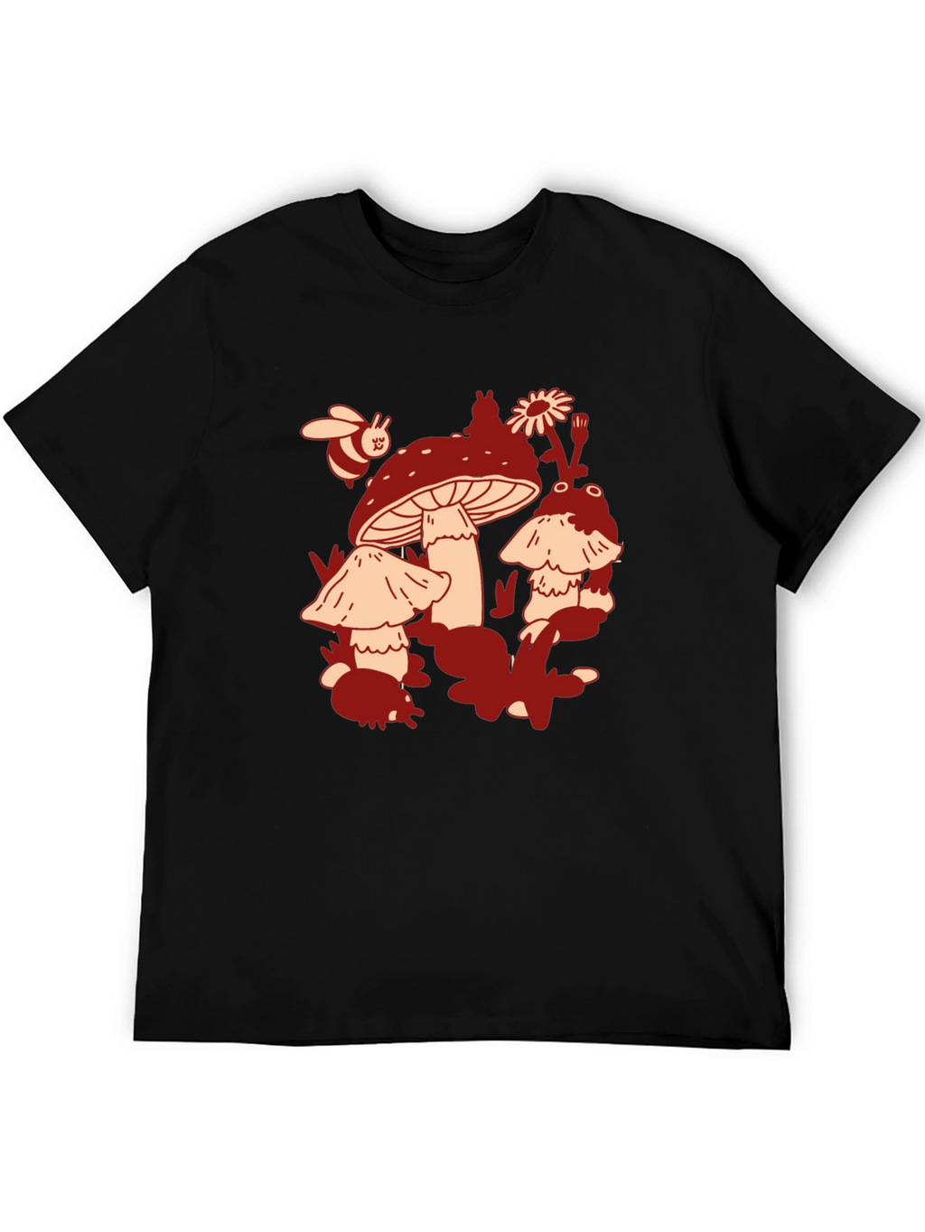 Mushroom & Bee Graphic Tee - Black Cotton T-Shirt