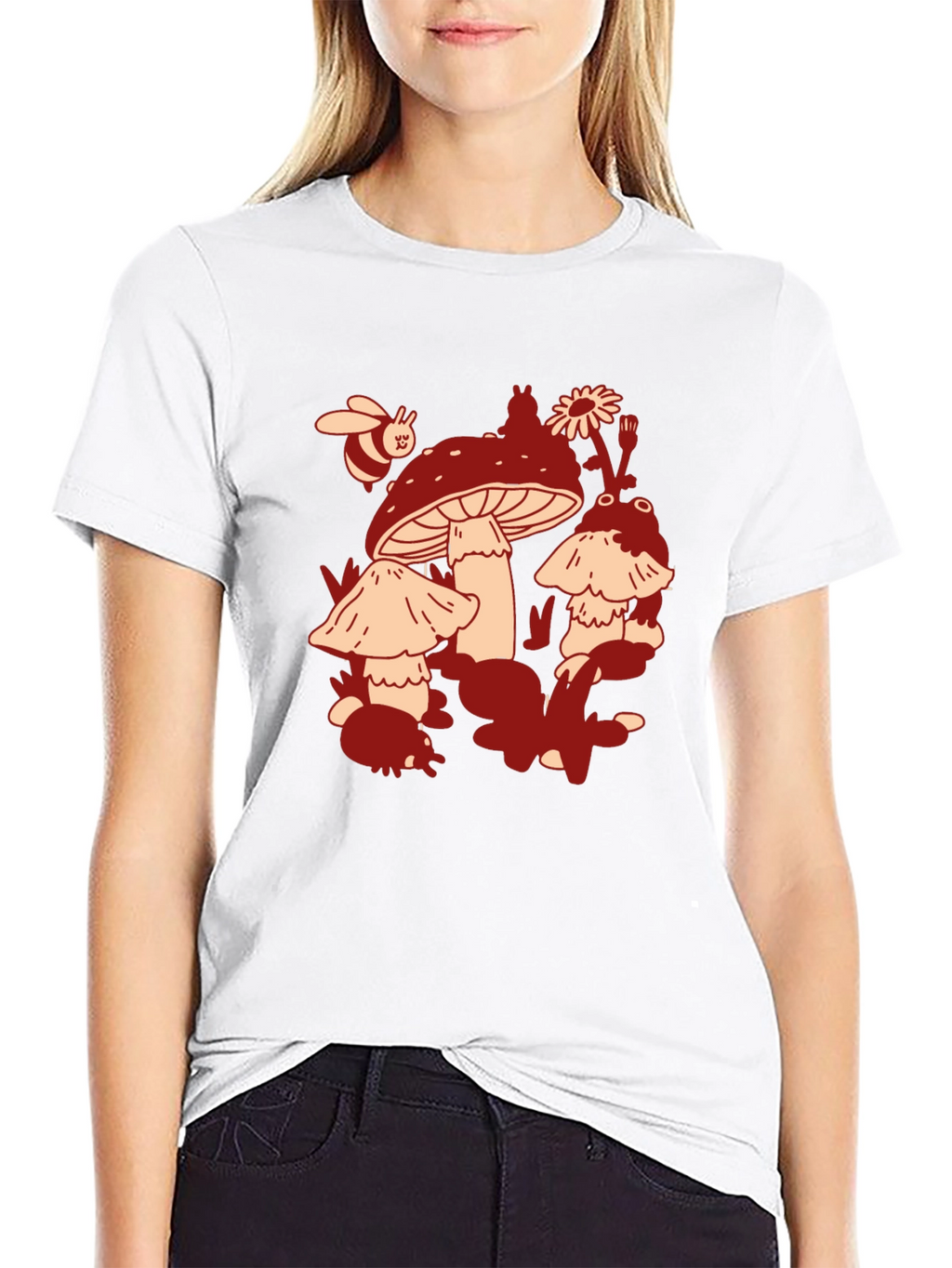 Mushroom & Bee Graphic Tee - Black Cotton T-Shirt