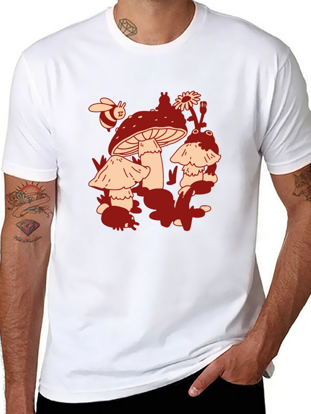 Mushroom & Bee Graphic Tee - Black Cotton T-Shirt