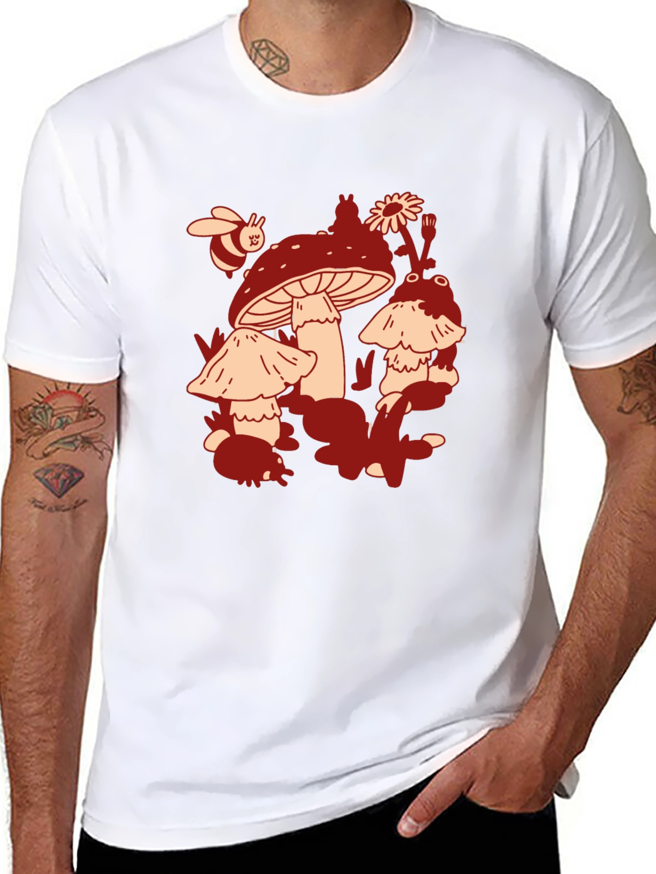 Mushroom & Bee Graphic Tee - Black Cotton T-Shirt