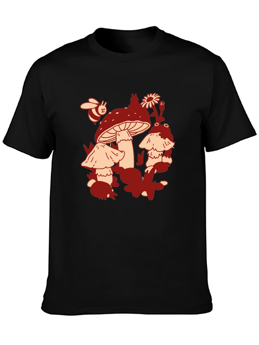 Mushroom & Bee Graphic Tee - Black Cotton T-Shirt