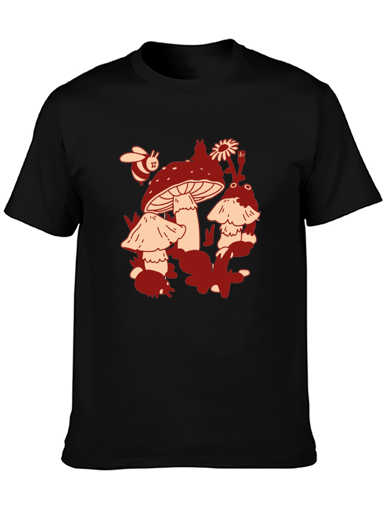 Mushroom & Bee Graphic Tee - Black Cotton T-Shirt