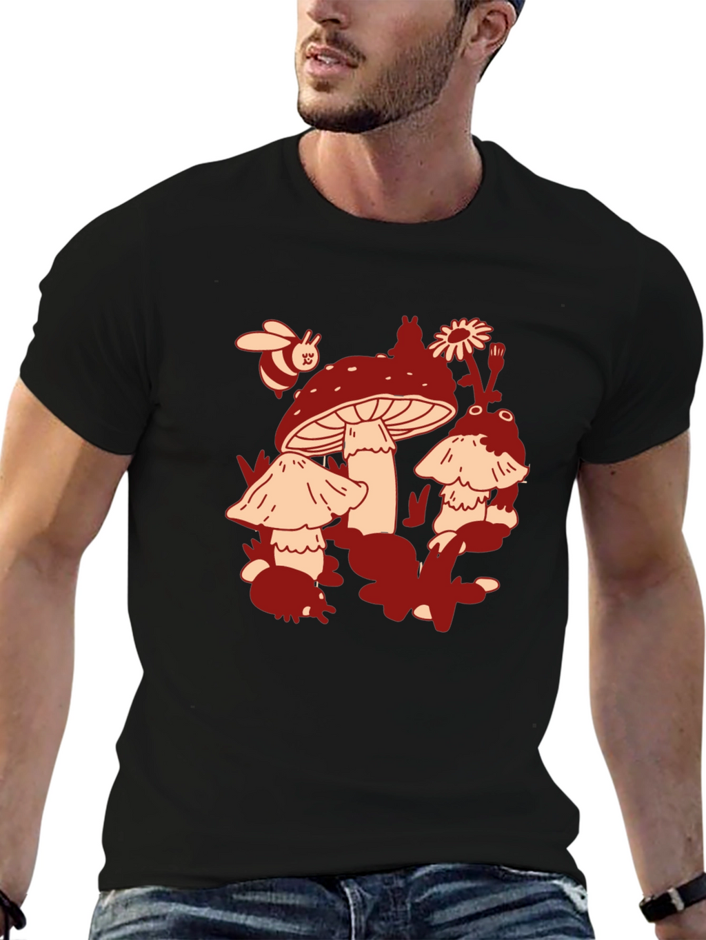 Mushroom & Bee Graphic Tee - Black Cotton T-Shirt
