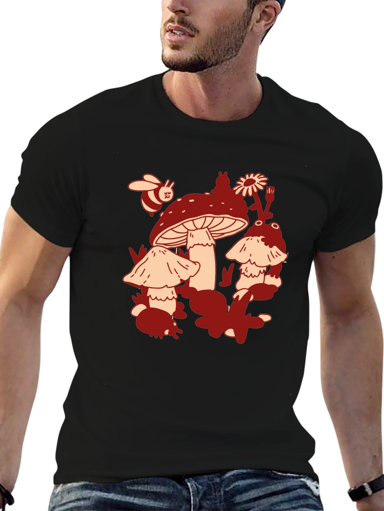 Mushroom & Bee Graphic Tee - Black Cotton T-Shirt