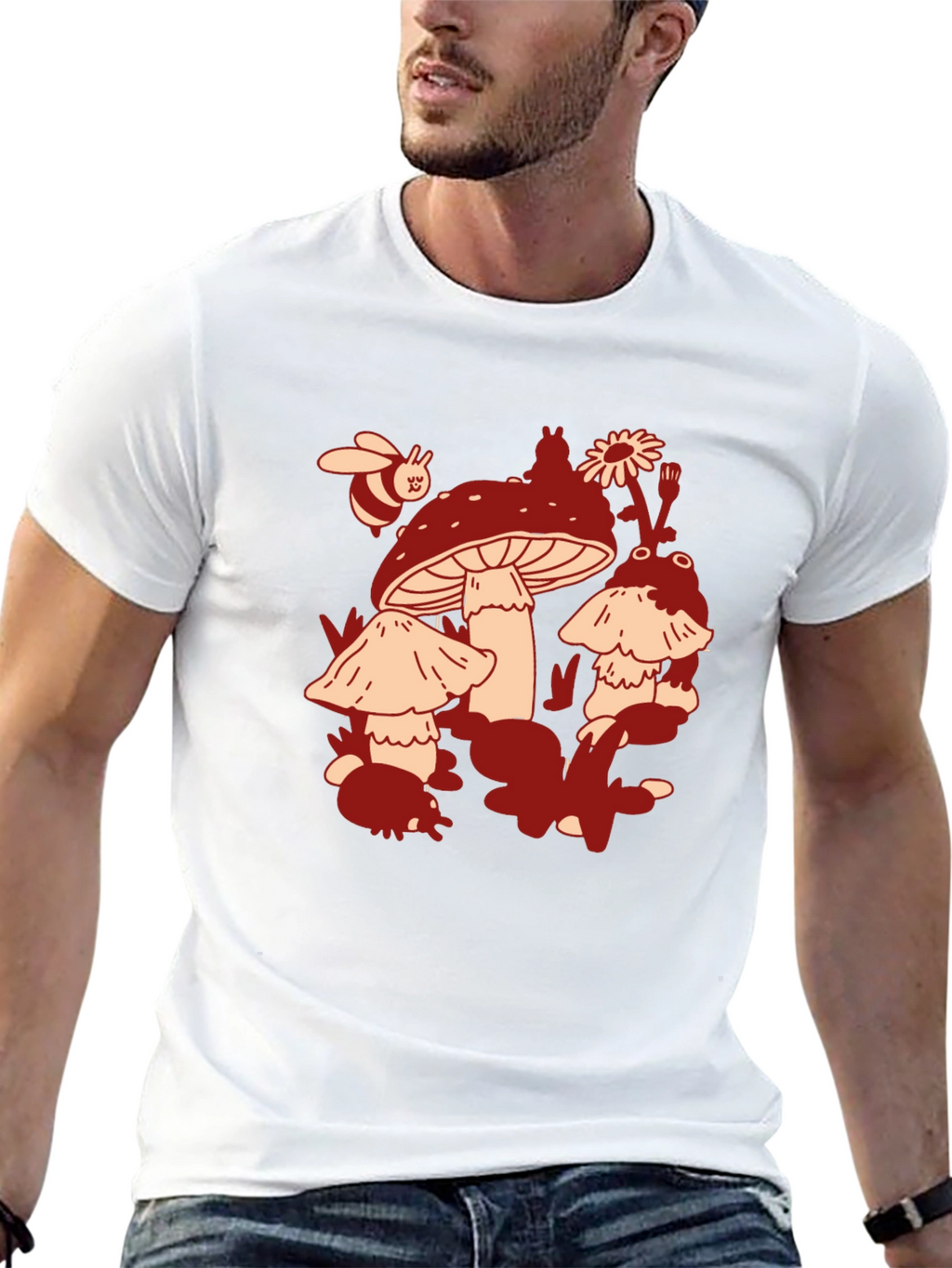 Mushroom & Bee Graphic Tee - Black Cotton T-Shirt