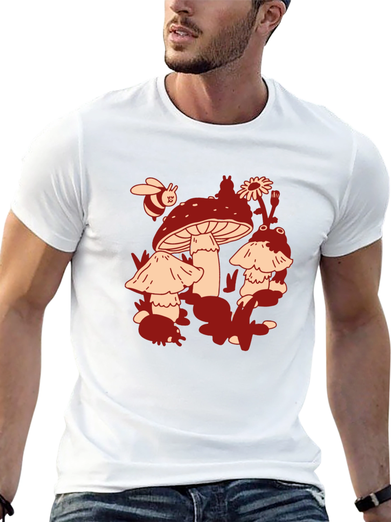 Mushroom & Bee Graphic Tee - Black Cotton T-Shirt