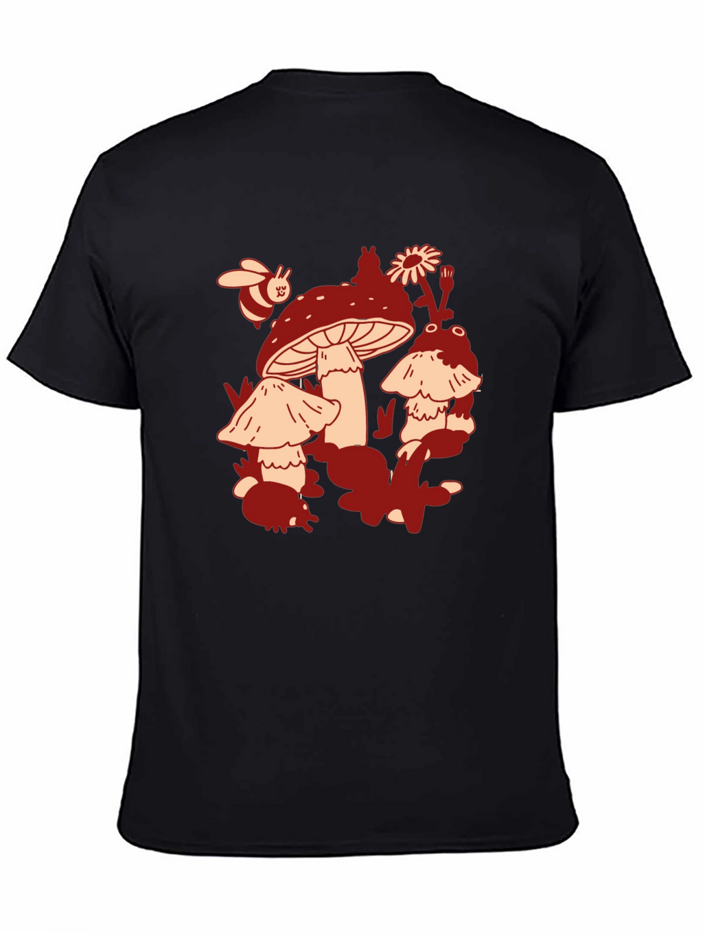 Mushroom & Bee Graphic Tee - Black Cotton T-Shirt