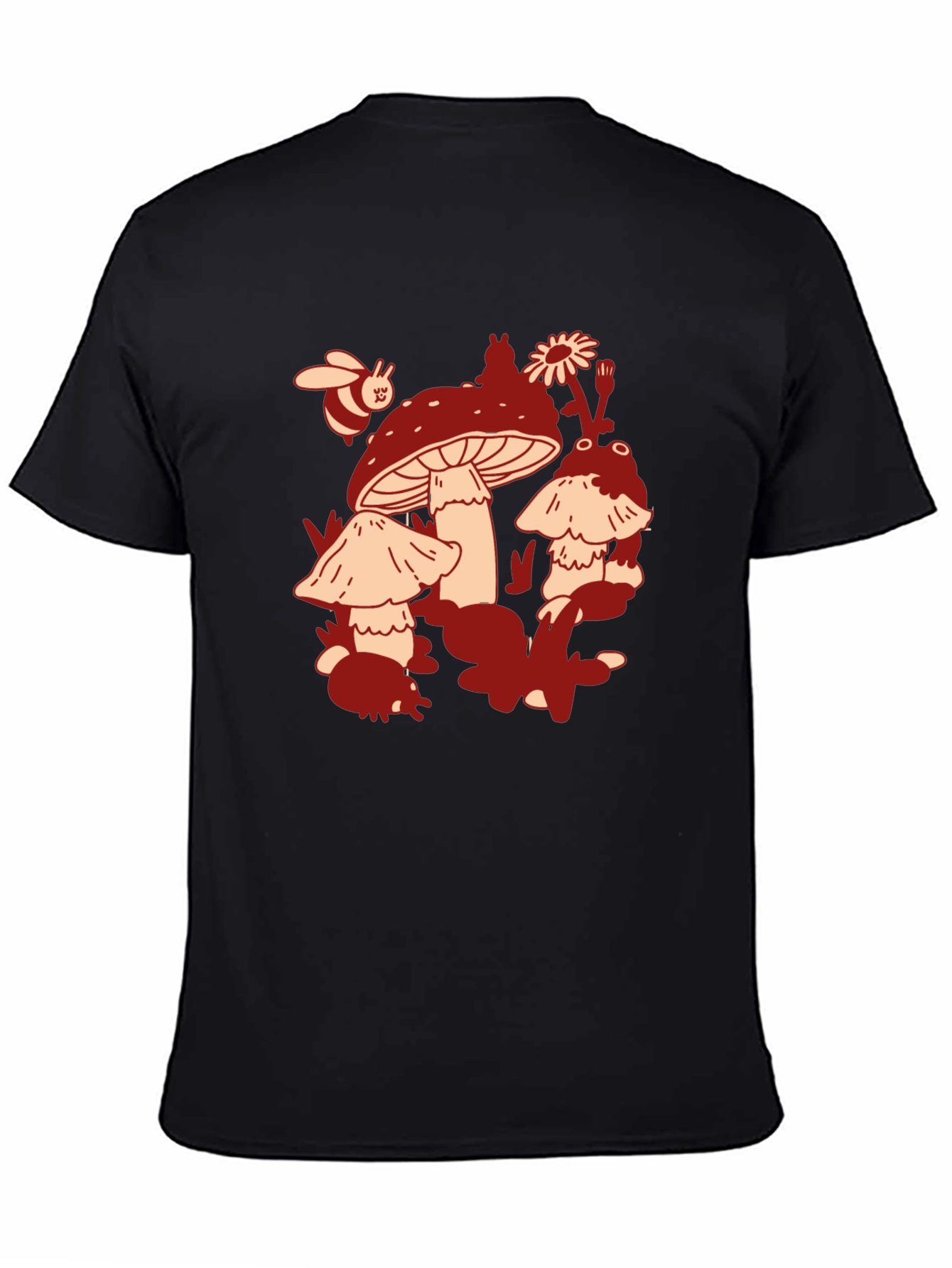 Mushroom & Bee Graphic Tee - Black Cotton T-Shirt