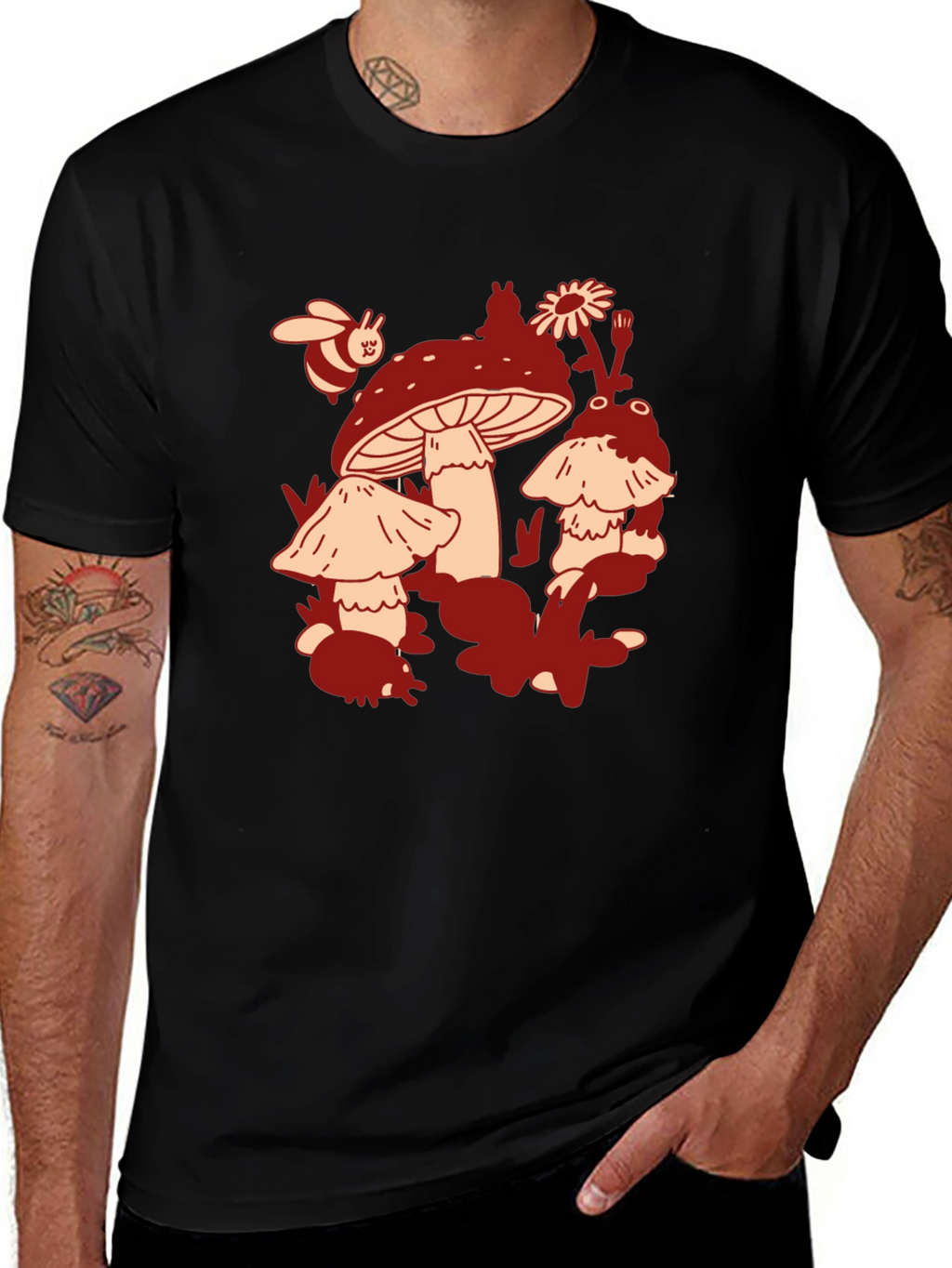 Mushroom & Bee Graphic Tee - Black Cotton T-Shirt