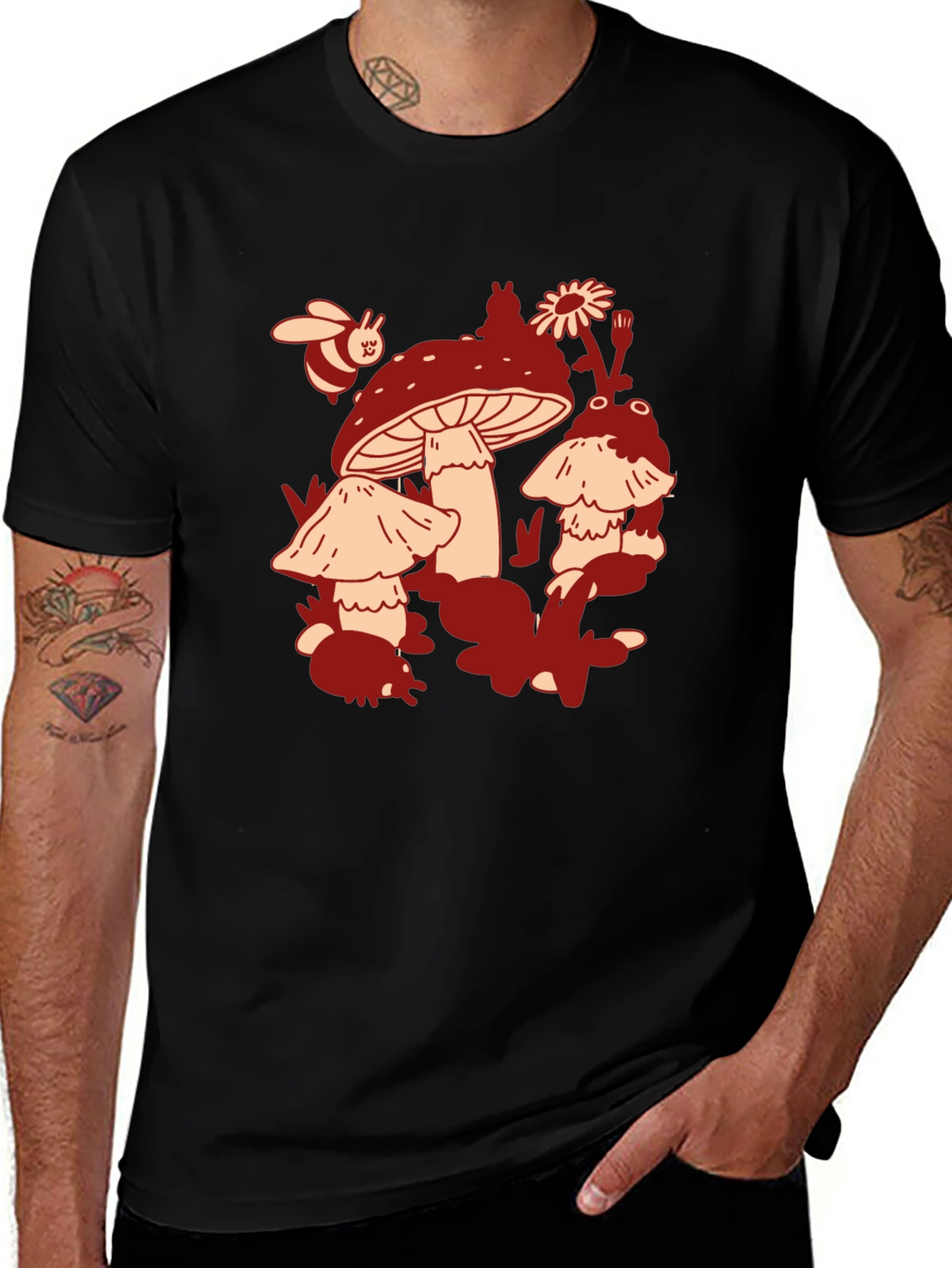 Mushroom & Bee Graphic Tee - Black Cotton T-Shirt