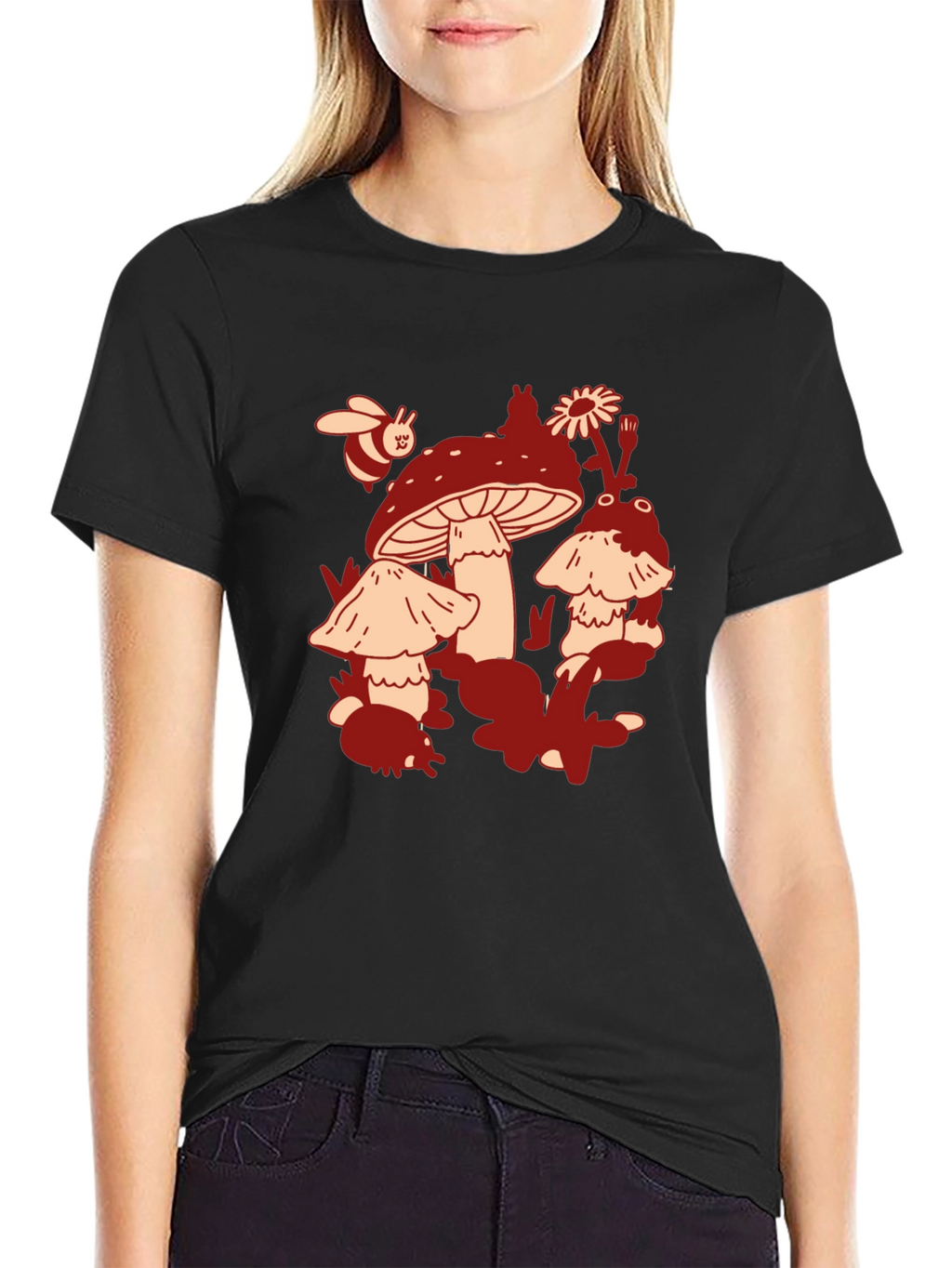 Mushroom & Bee Graphic Tee - Black Cotton T-Shirt