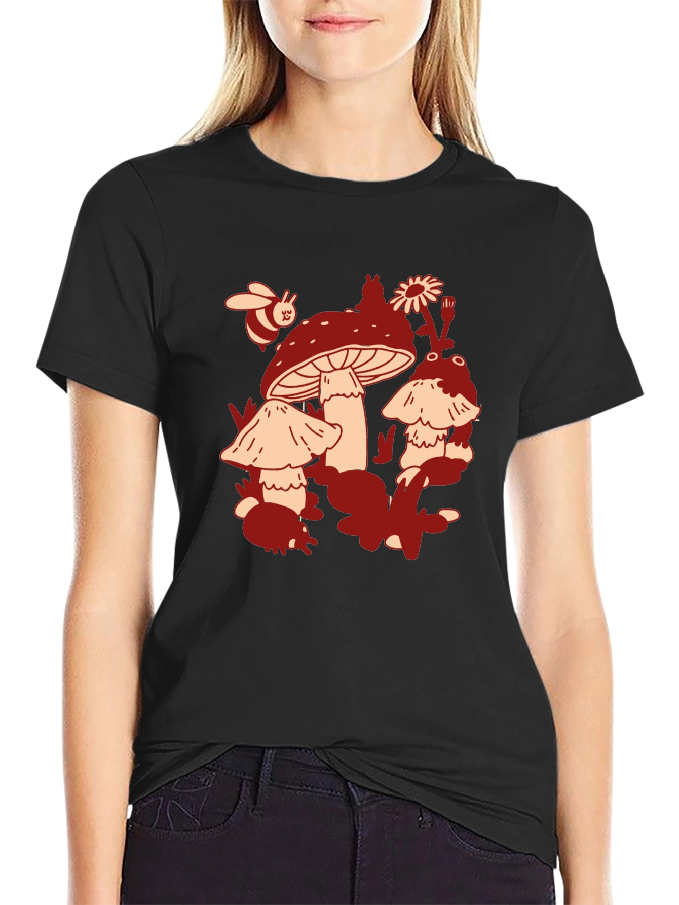 Mushroom & Bee Graphic Tee - Black Cotton T-Shirt