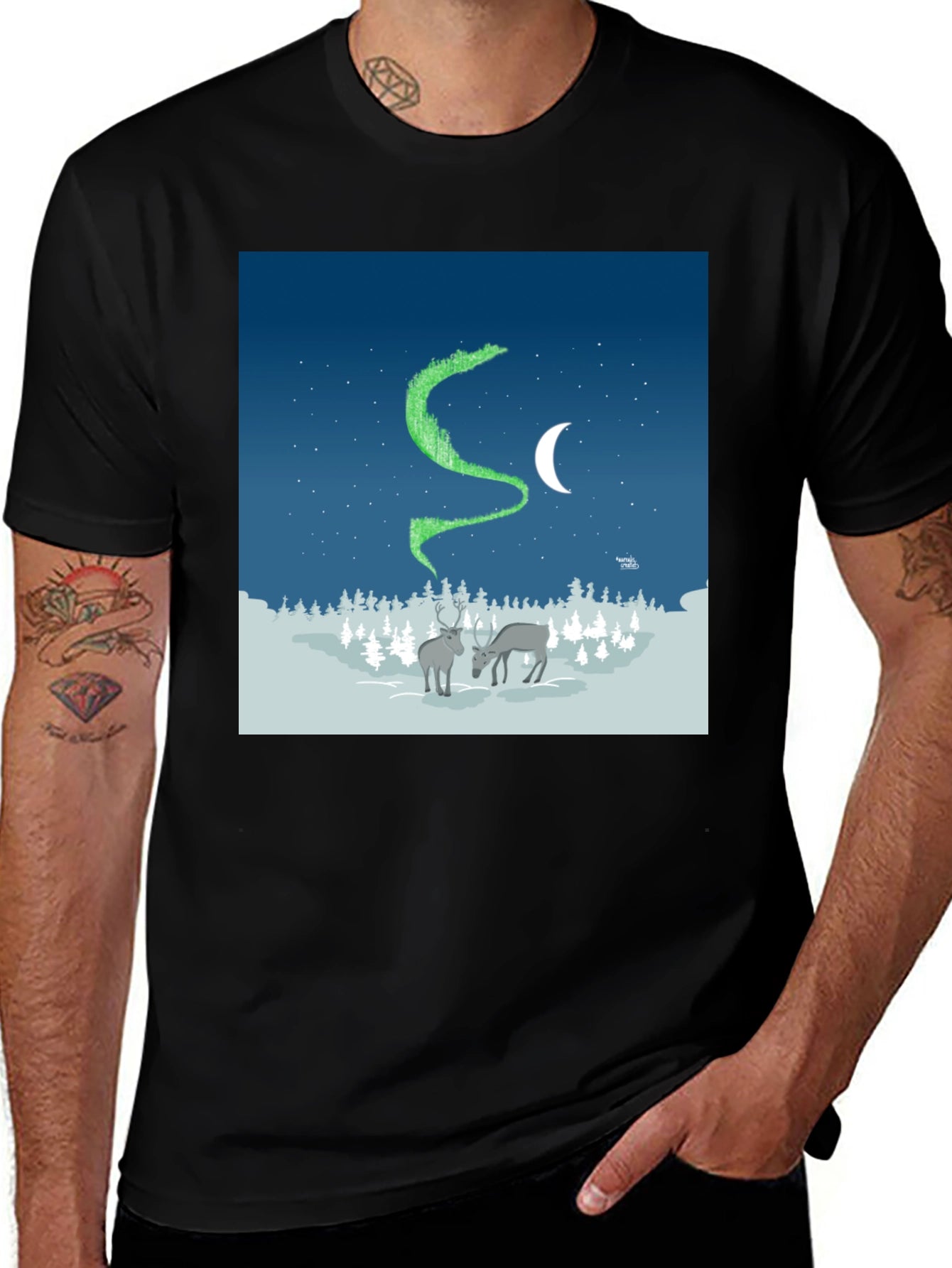 Aurora Reindeer Graphic Tee - Northern Lights Shirt