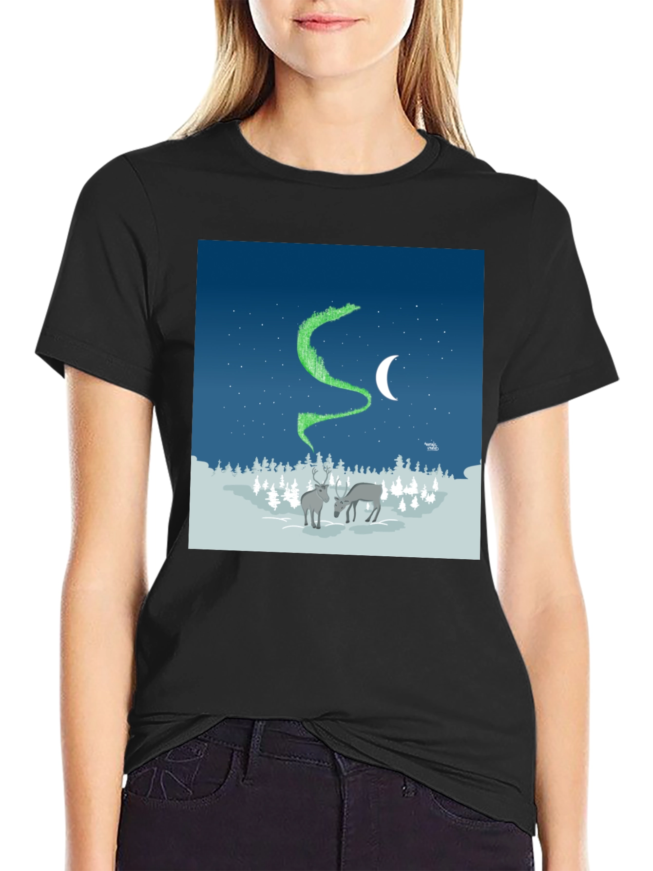 Aurora Reindeer Graphic Tee - Northern Lights Shirt