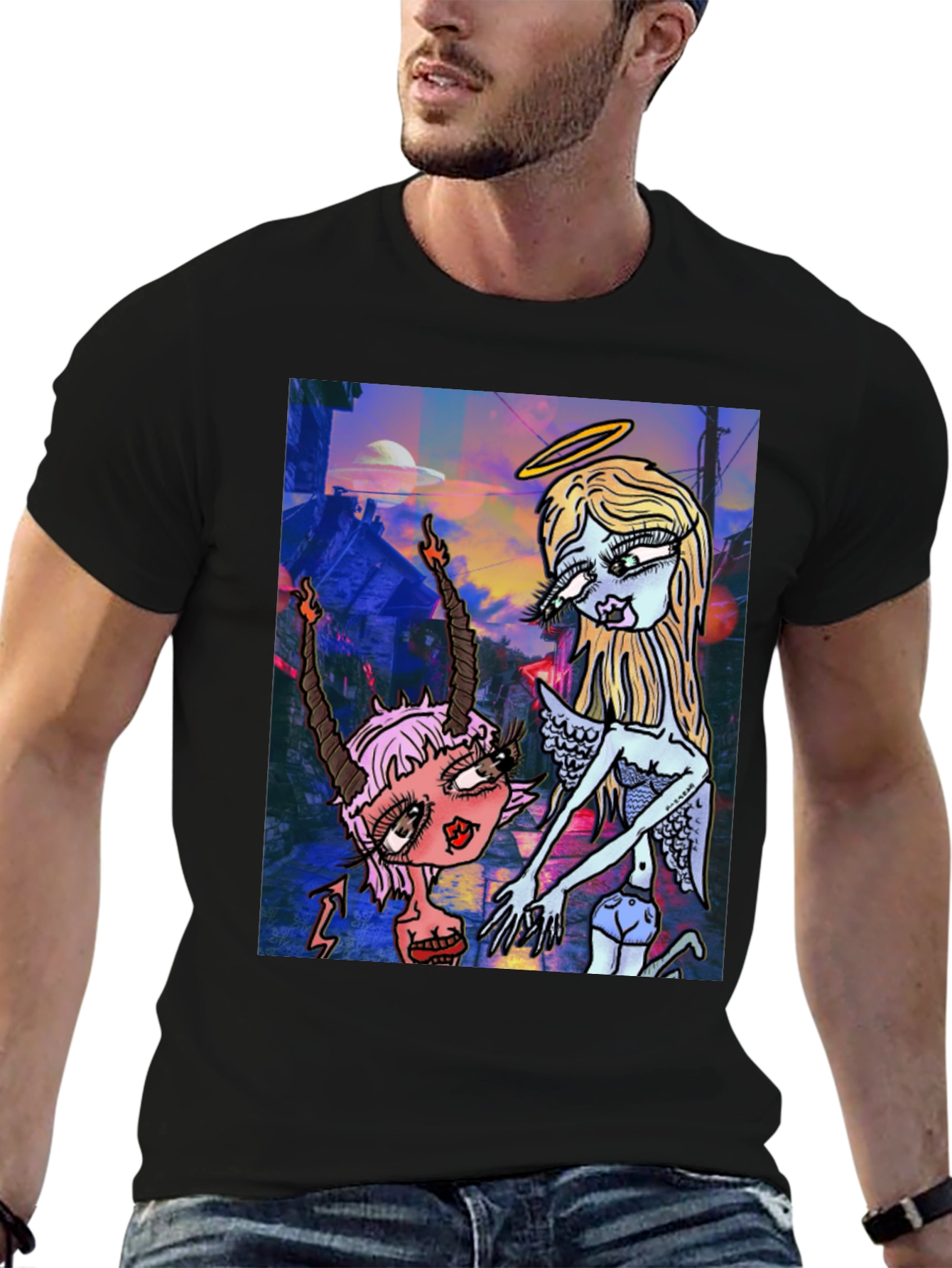 Angel and Devil Cartoon Graphic Black T-Shirt