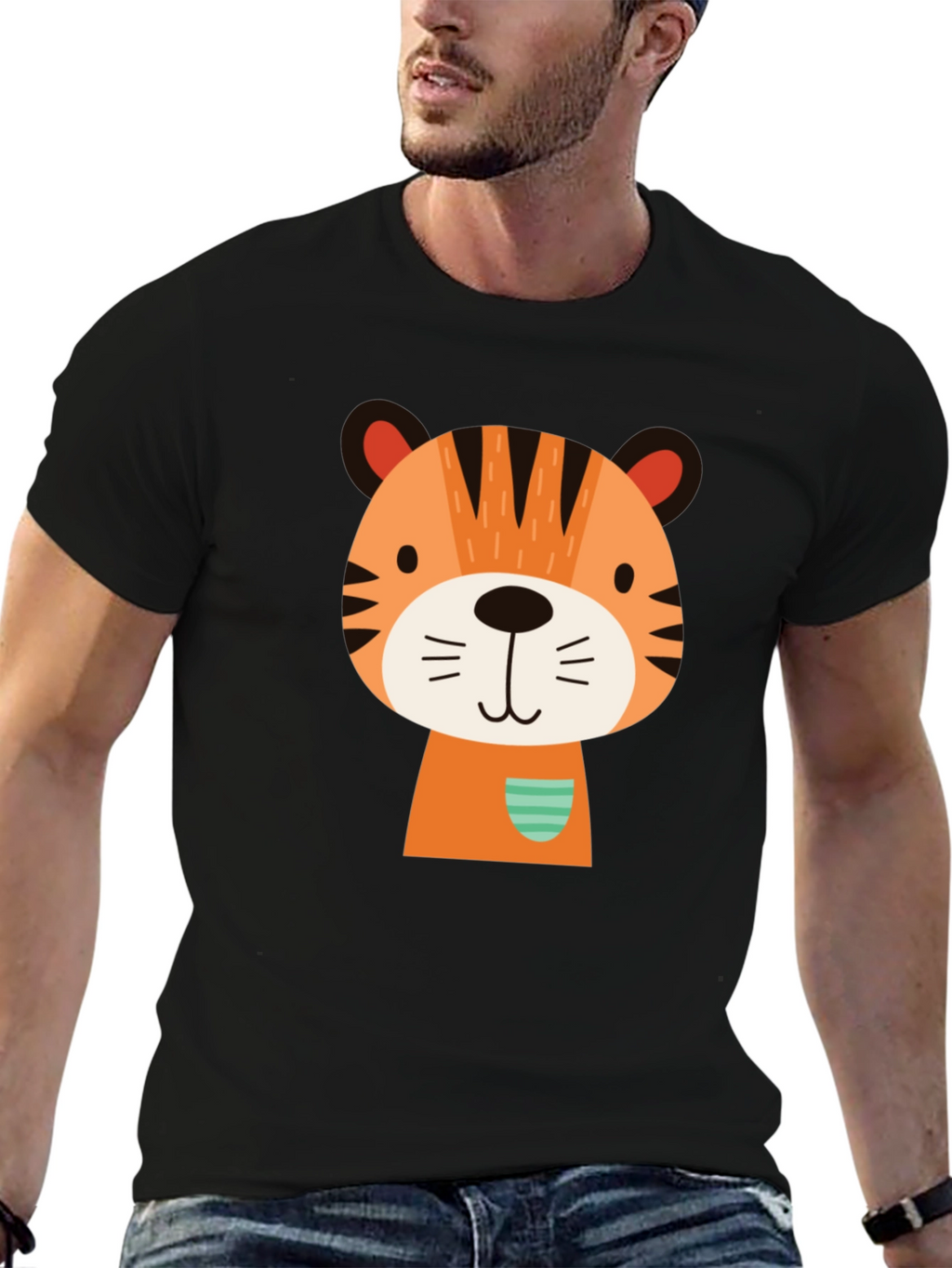 Cute Cartoon Tiger Graphic Black T-Shirt