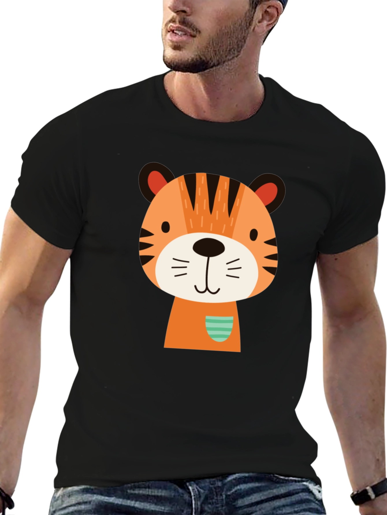 Cute Cartoon Tiger Graphic Black T-Shirt