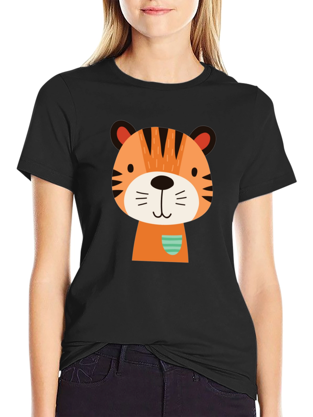 Cute Cartoon Tiger Graphic Black T-Shirt