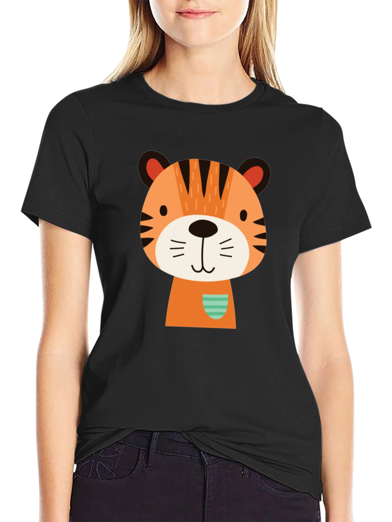 Cute Cartoon Tiger Graphic Black T-Shirt