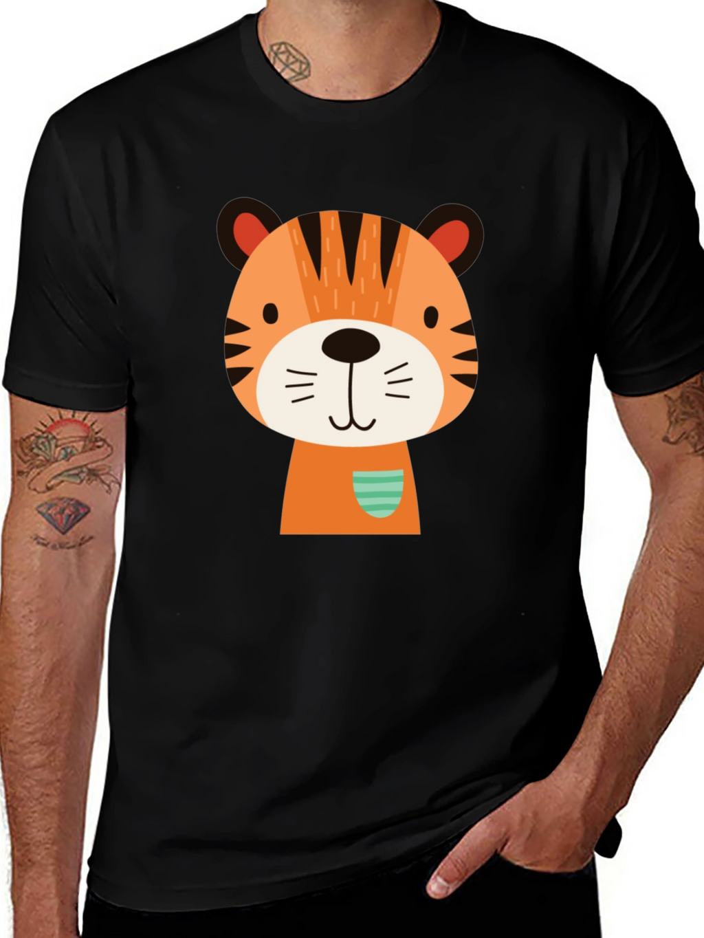 Cute Cartoon Tiger Graphic Black T-Shirt